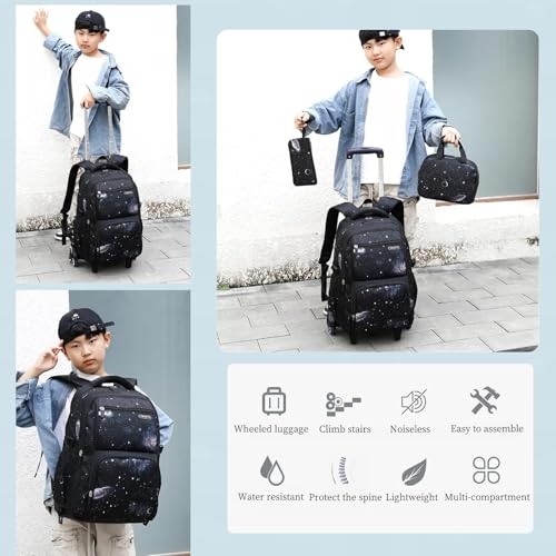 Primary Junior High Boys Rolling Backpacks Wheeled Bags Trolley School Bags Travel Luggage 3 in 1 Kids Bookbag Set with Lunch Bag