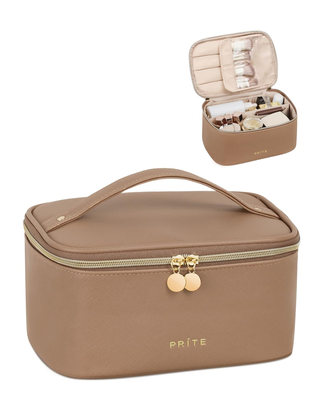 Prite Makeup Bag, Large Capacity Portable Travel Cosmetic Bag, Waterproof Makeup Organizer for Women with Handle and Divider (001 Brown)
