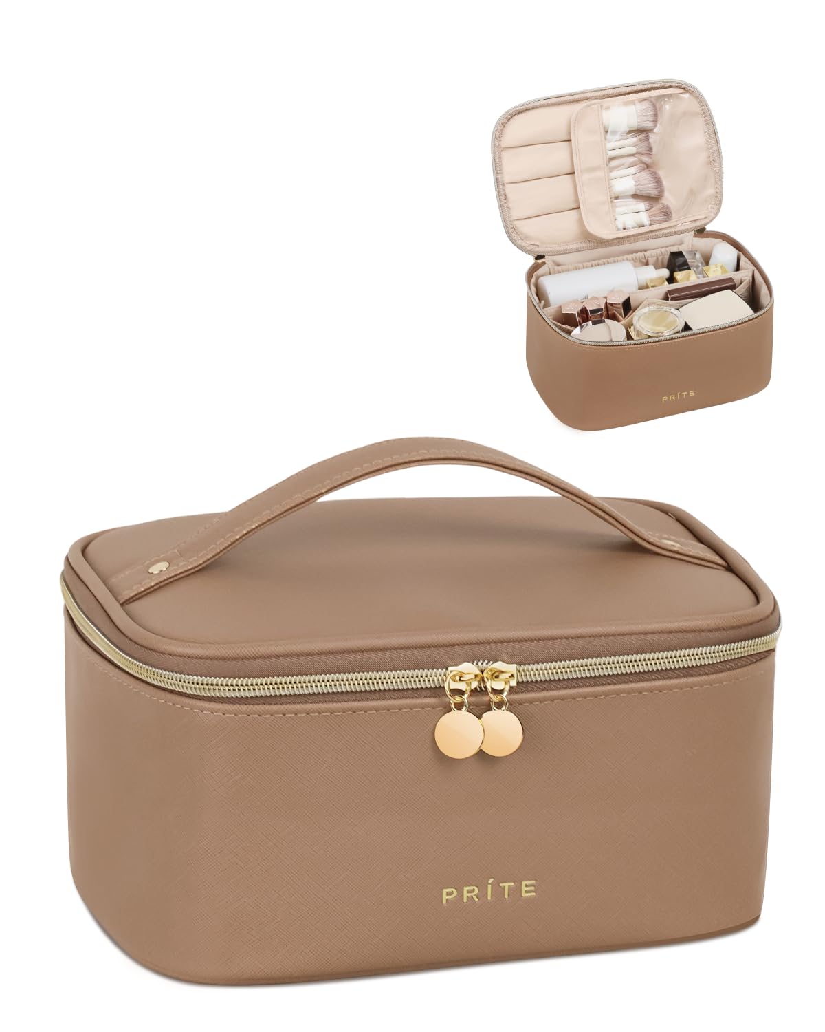 Prite Makeup Bag, Large Capacity Portable Travel Cosmetic Bag, Waterproof Makeup Organizer for Women with Handle and Divider (001 Brown)