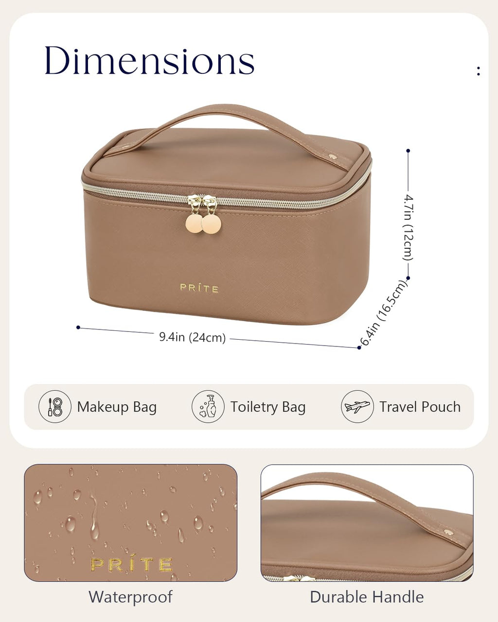 Prite Makeup Bag, Large Capacity Portable Travel Cosmetic Bag, Waterproof Makeup Organizer for Women with Handle and Divider (001 Brown)