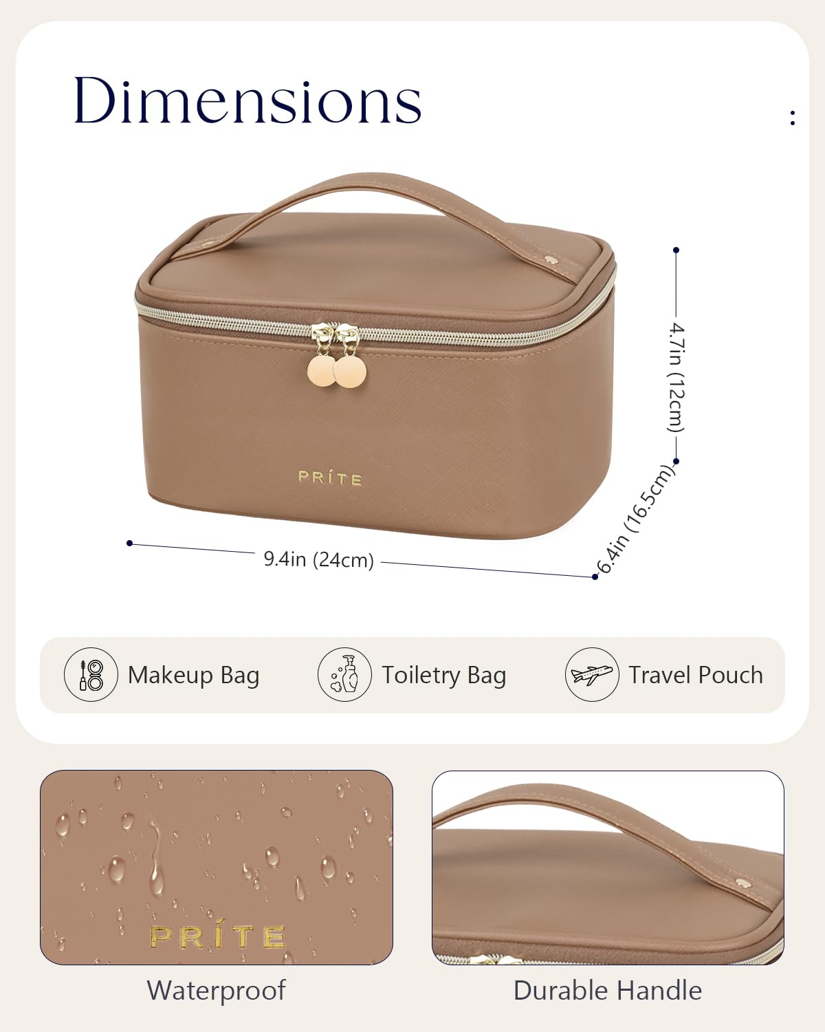 Prite Makeup Bag, Large Capacity Portable Travel Cosmetic Bag, Waterproof Makeup Organizer for Women with Handle and Divider (001 Brown)
