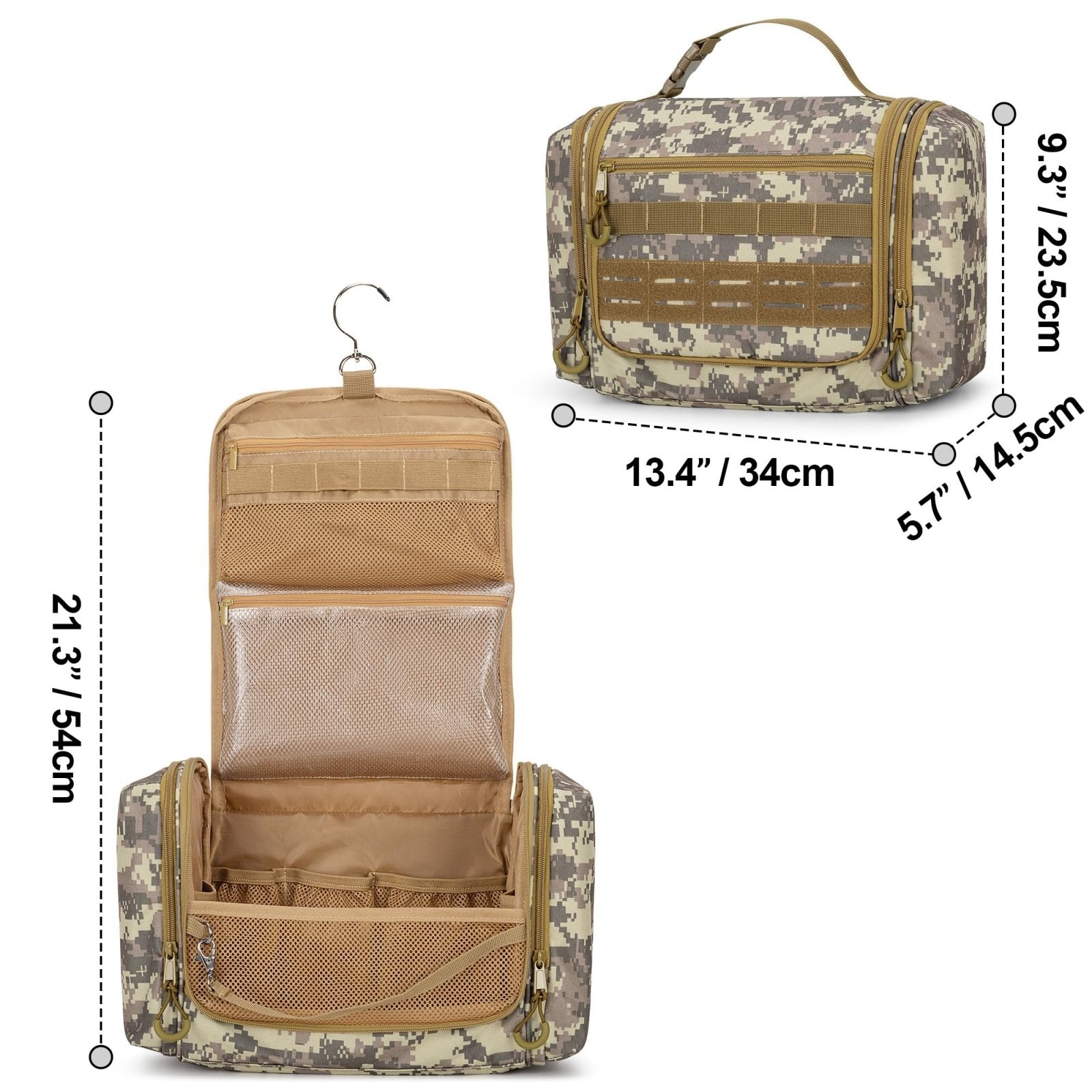 Prokva Tactical Toiletry Travel Bag for Men, Hanging Dopp Kit Hygiene Bag Shower Organizer with Hook for Toiletries and Shaving Care, Desert Yellow (Empty Bag)