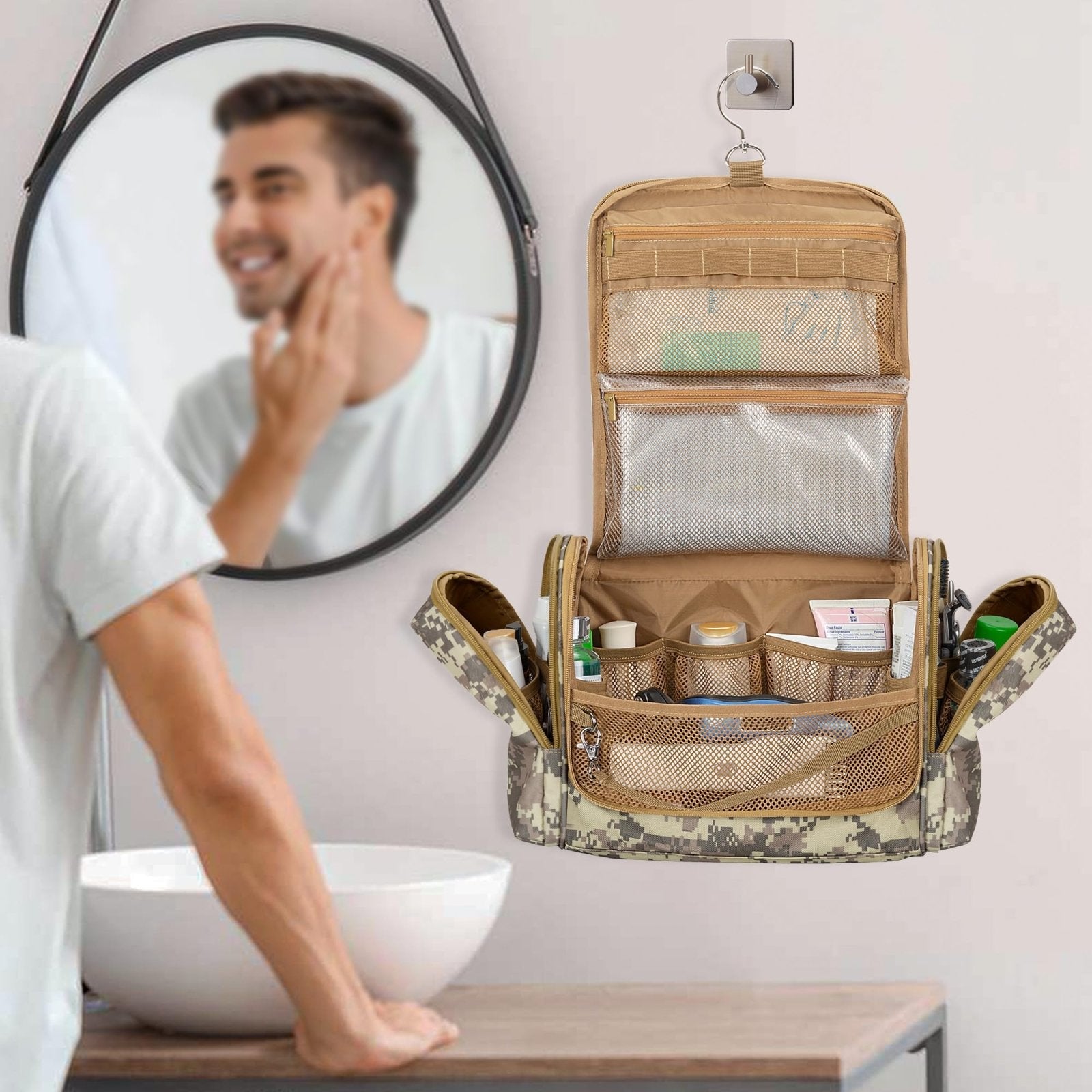 Prokva Tactical Toiletry Travel Bag for Men, Hanging Dopp Kit Hygiene Bag Shower Organizer with Hook for Toiletries and Shaving Care, Desert Yellow (Empty Bag)