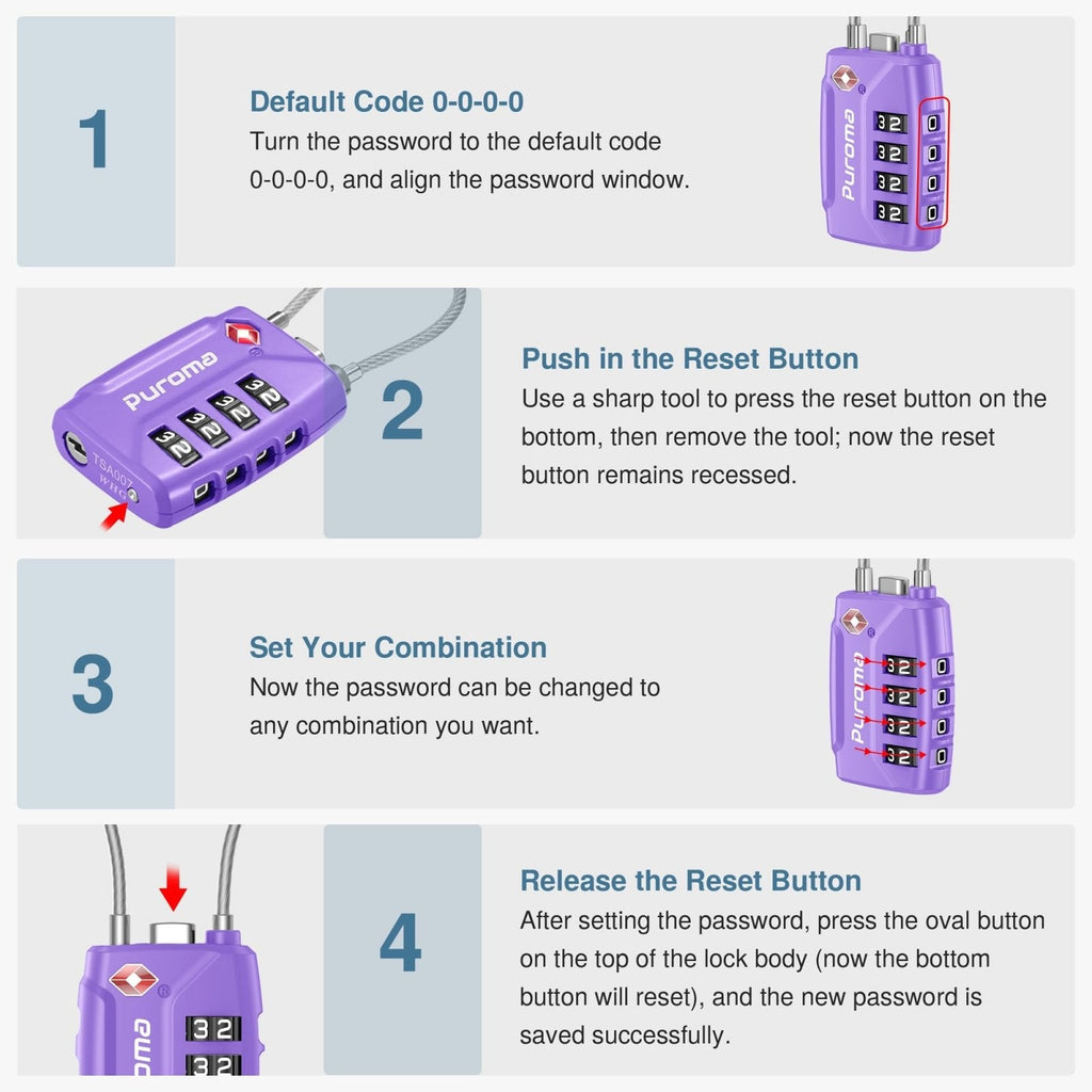 Puroma 2 Pack TSA Approved Luggage Locks, 4 Digit Combination Travel Cable Locks Resettable Code Lock with Zinc Alloy Body for Suitcase, Toolbox, Backpack, Bag, Gym Locker (Basic Purple)