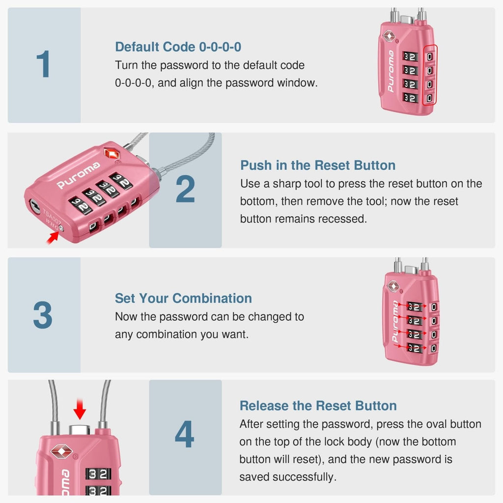 Puroma 2 Pack TSA Approved Luggage Locks, 4 Digit Combination Travel Locks Resettable Code Lock with Zinc Alloy Body for Suitcase, Toolbox, Backpack, Bag, Gym Locker (Basic Pink Rose)