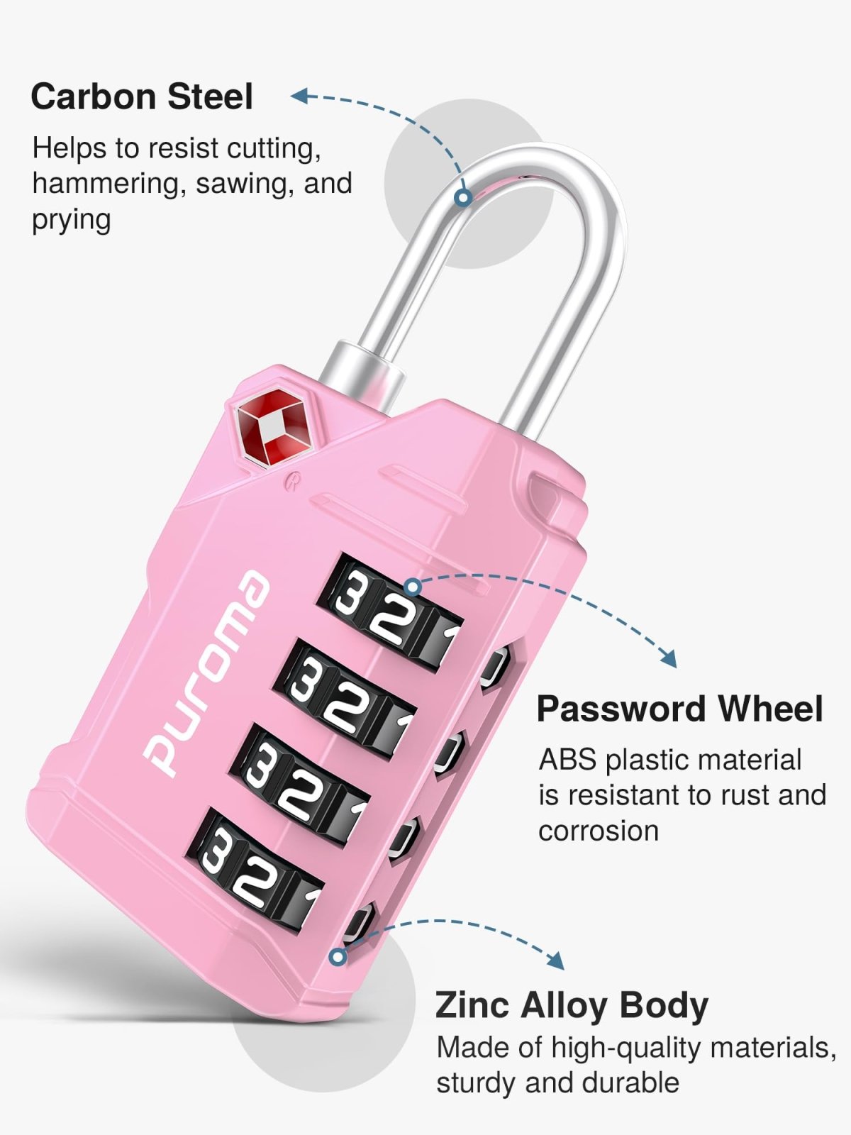 Puroma TSA Approved Luggage Locks, 2 Pack 4 Digit Resettable Travel Combination Code Lock with Zinc Alloy Body for Suitcase, Backpack, Laptop Bag, Gym Locker, Toolbox (Pink)