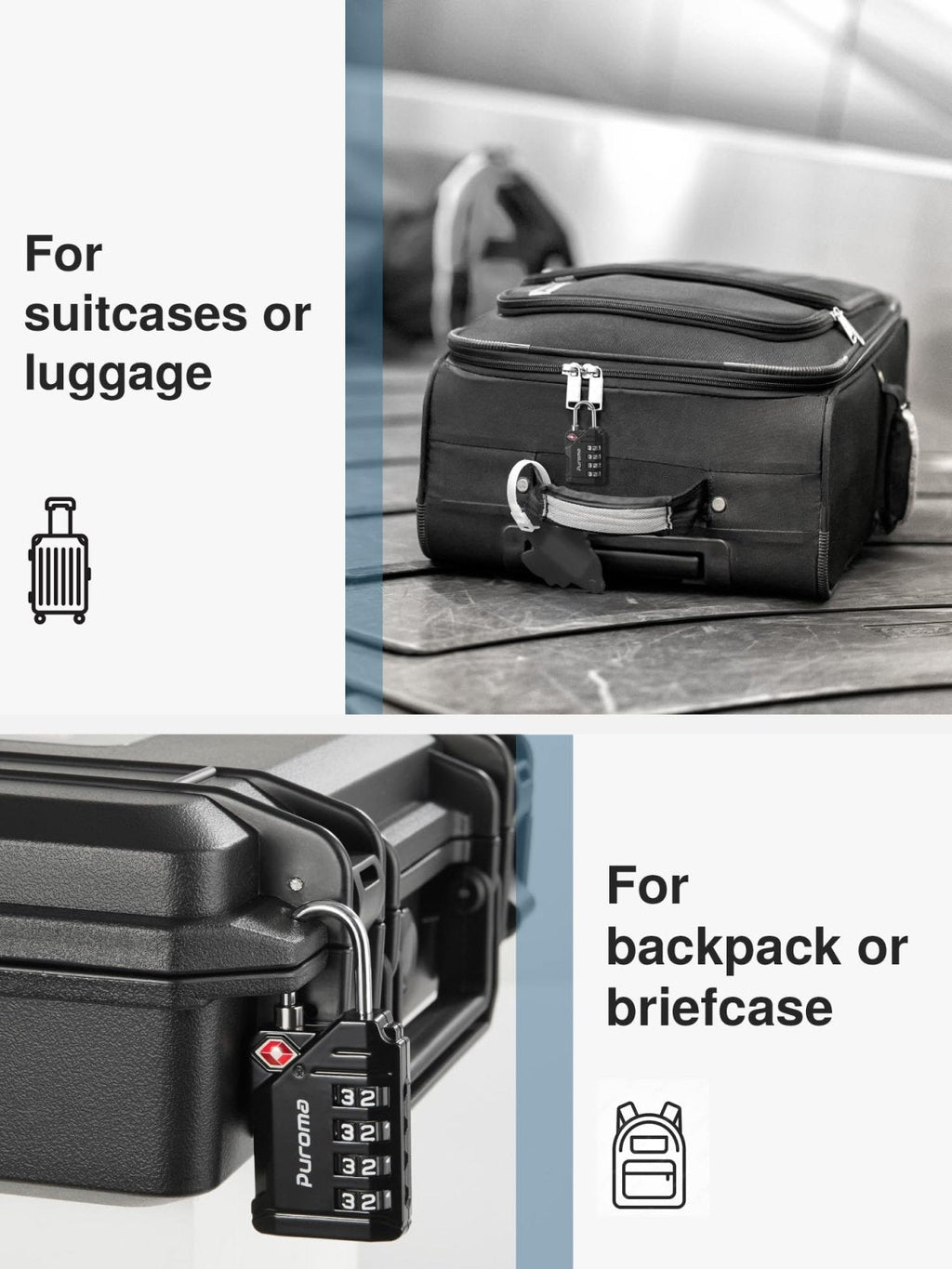 Puroma TSA Approved Travel Luggage Locks, 2 Pack Black 4 Digit Resettable Combination Code Lock with Zinc Alloy Body for Suitcase, Backpack, Laptop Bag, Gym Locker, Toolbox