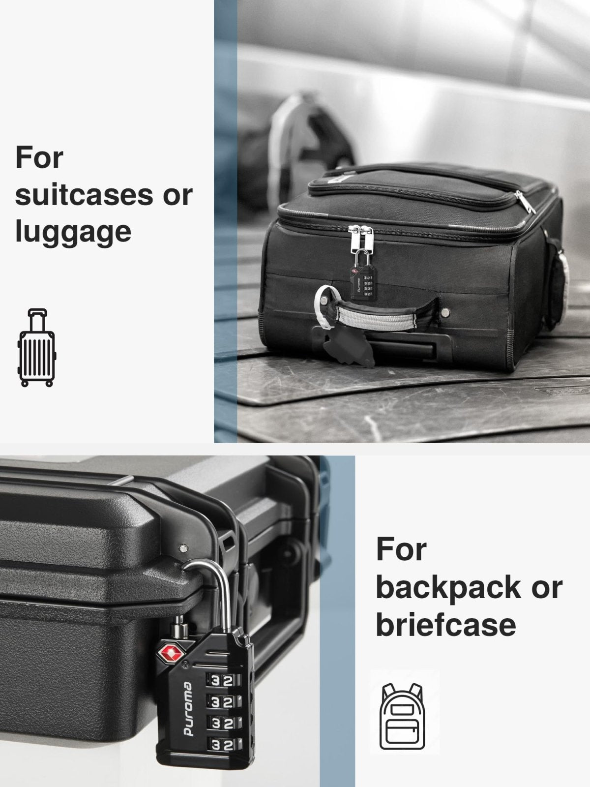 Puroma TSA Approved Travel Luggage Locks, 2 Pack Black 4 Digit Resettable Combination Code Lock with Zinc Alloy Body for Suitcase, Backpack, Laptop Bag, Gym Locker, Toolbox