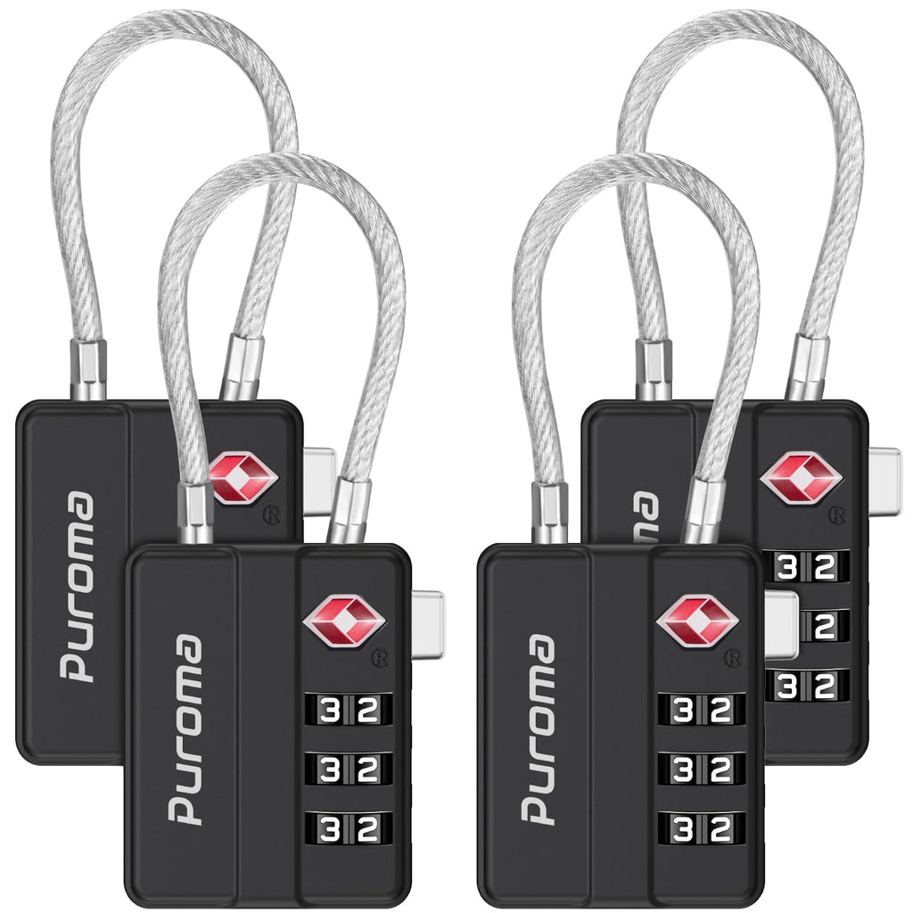 Puroma TSA Locks for Luggage, 4 Pack Cable Lightweight Luggage Locks TSA Approved 4-Digit Combination Padlock for Suitcases, Bags, Toolboxes, Backpacks & Gym Lockers (Black)
