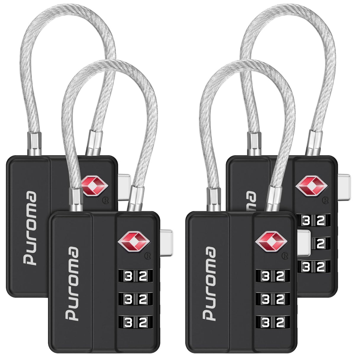 Puroma TSA Locks for Luggage, 4 Pack Cable Lightweight Luggage Locks TSA Approved 4-Digit Combination Padlock for Suitcases, Bags, Toolboxes, Backpacks & Gym Lockers (Black)