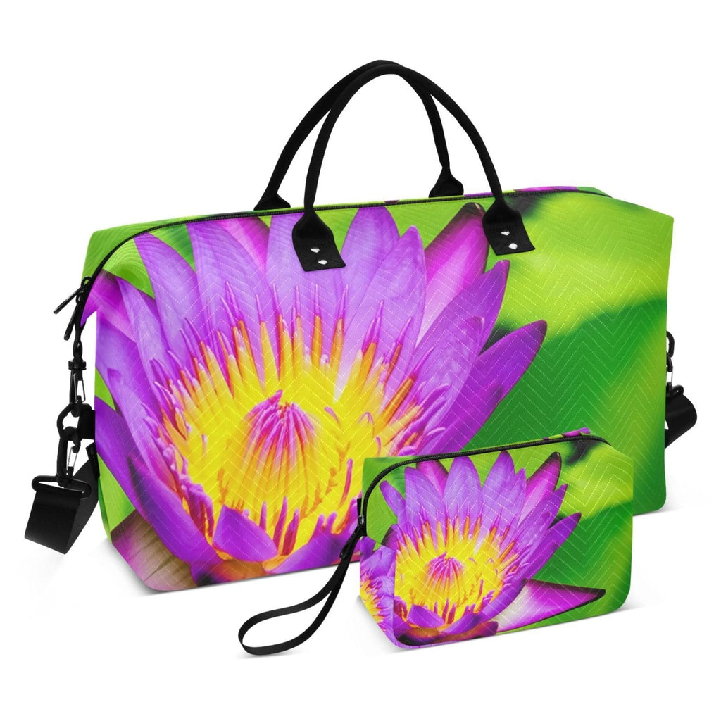 Purple Water Lily Bloom Green Travel Duffle Bags & Cosmetic Pouch Set of 2, Aesthetic Sports Gym Tote Overnight Carry on Bags