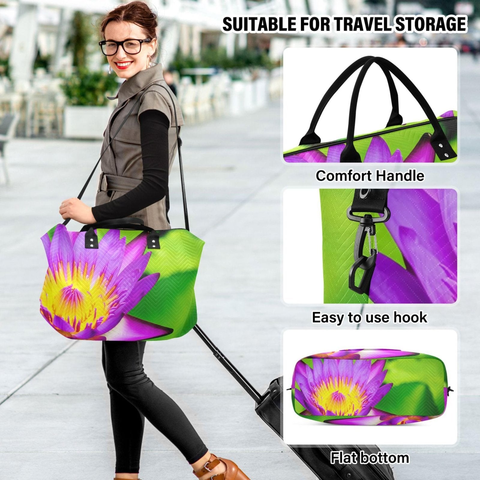 Purple Water Lily Bloom Green Travel Duffle Bags & Cosmetic Pouch Set of 2, Aesthetic Sports Gym Tote Overnight Carry on Bags