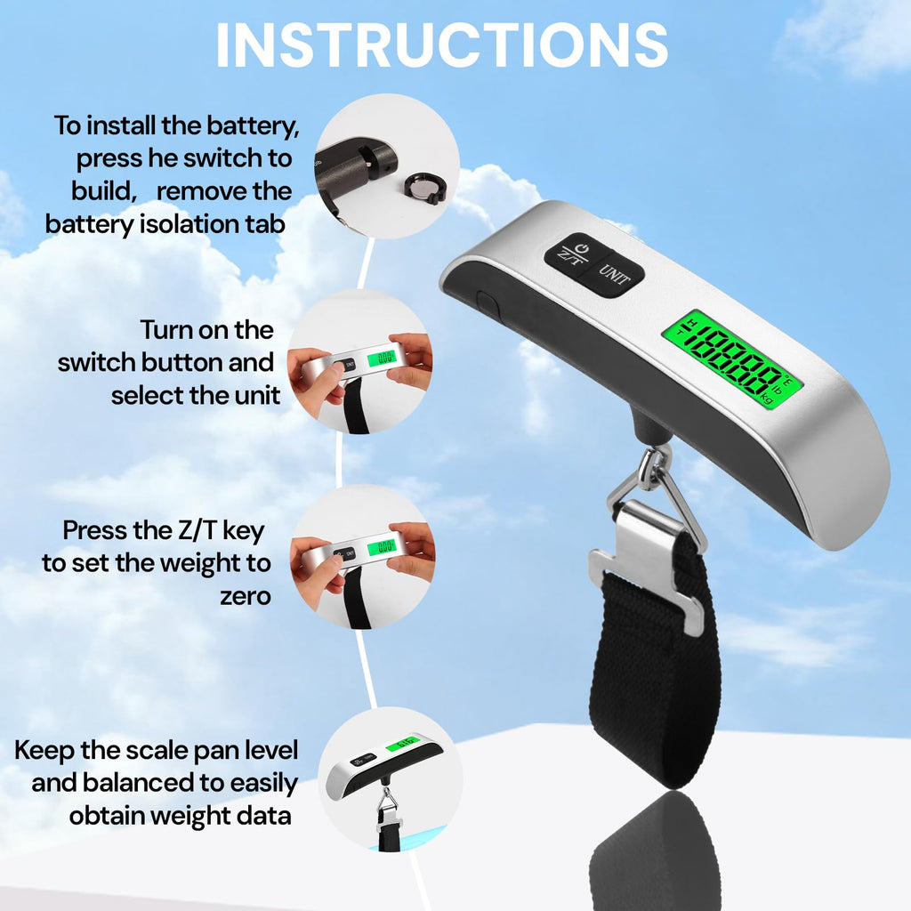 Pwkauka Digital Luggage Scale, 110lb Portable Suitcase Weight Scale for Travel with Backlit LCD, 4 - Unit Switching, Non - Slip, Luggage Scale for Luggage, Backpacks, Packages (Battery Included)