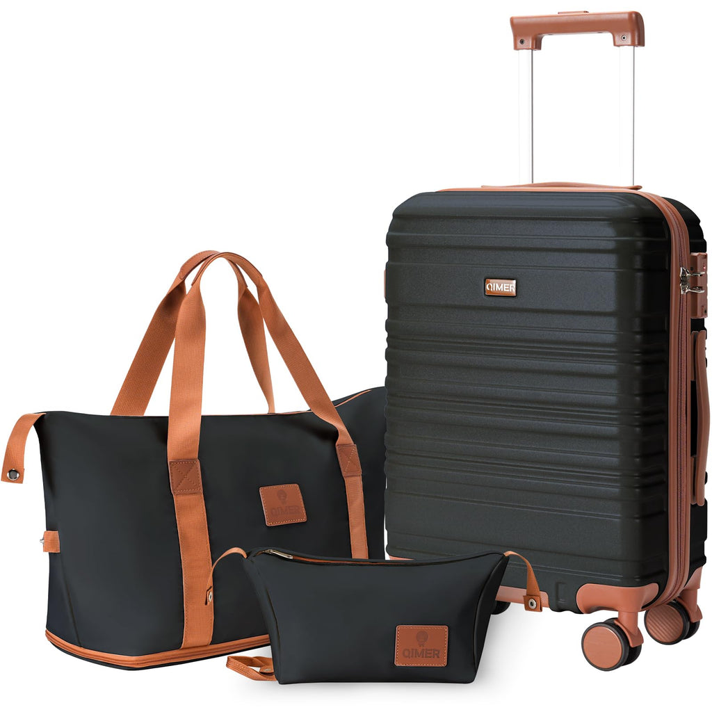 QIMER Carry on Luggage Set, 22x14x9 airline approved 100% PC hardshell, Lightweight TSA Locks Quiet Spinner Wheels Durable Zipper, Travel Luggage for Men Women, Y02 Black (20"/DB/TB) Slightly Small