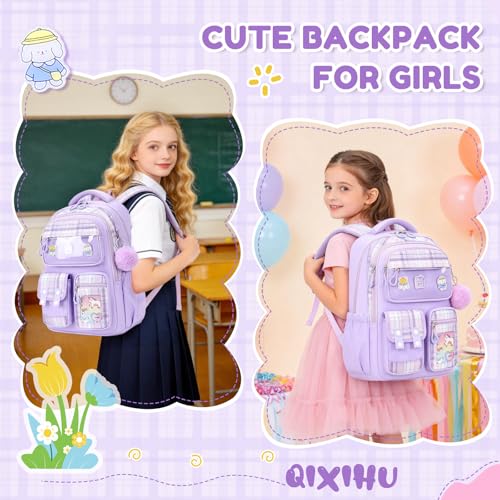 QIXIHU Kids Backpack for Girls, Bookbag for Elementary Students Kawaii Ita School Bag with Pins for Teens Lightweight Water Resistant Travel Backpack with Luggage Strap, Purple