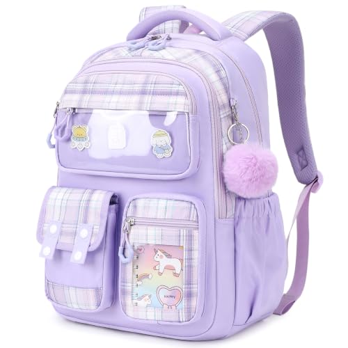 QIXIHU Kids Backpack for Girls, Bookbag for Elementary Students Kawaii Ita School Bag with Pins for Teens Lightweight Water Resistant Travel Backpack with Luggage Strap, Purple