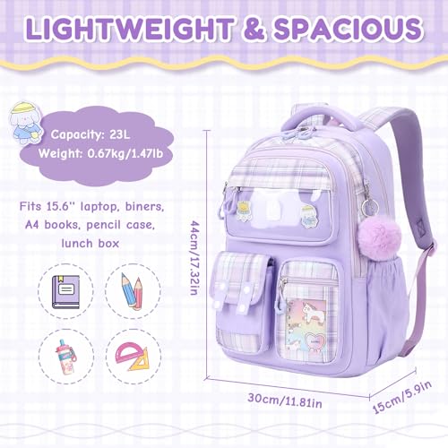 QIXIHU Kids Backpack for Girls, Bookbag for Elementary Students Kawaii Ita School Bag with Pins for Teens Lightweight Water Resistant Travel Backpack with Luggage Strap, Purple