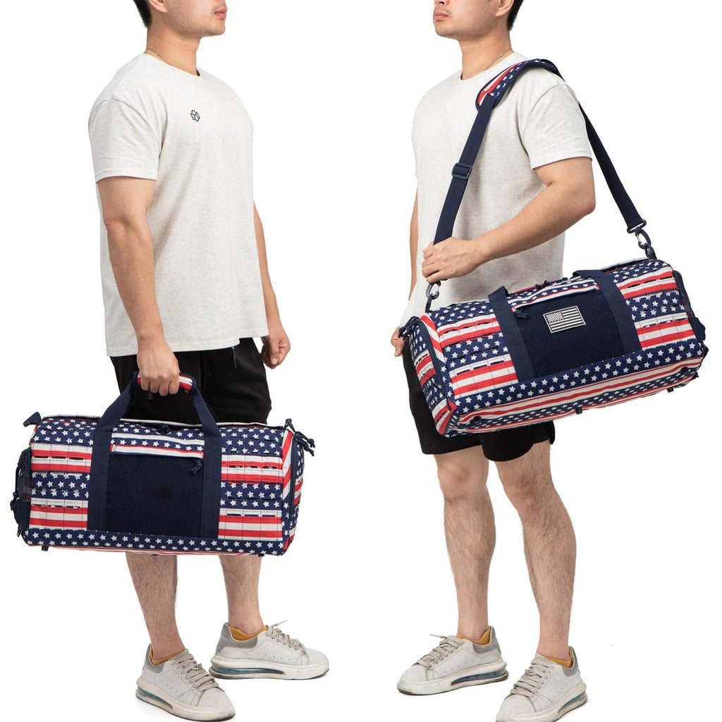 QT&QY 40L Military Tactical Duffel Bag For Men Sport Gym Bag Fitness Tote Travel Duffel Bags Training Workout Bag With Shoe Compartment Basketball Football Weekender Bag patriot Star Spangled