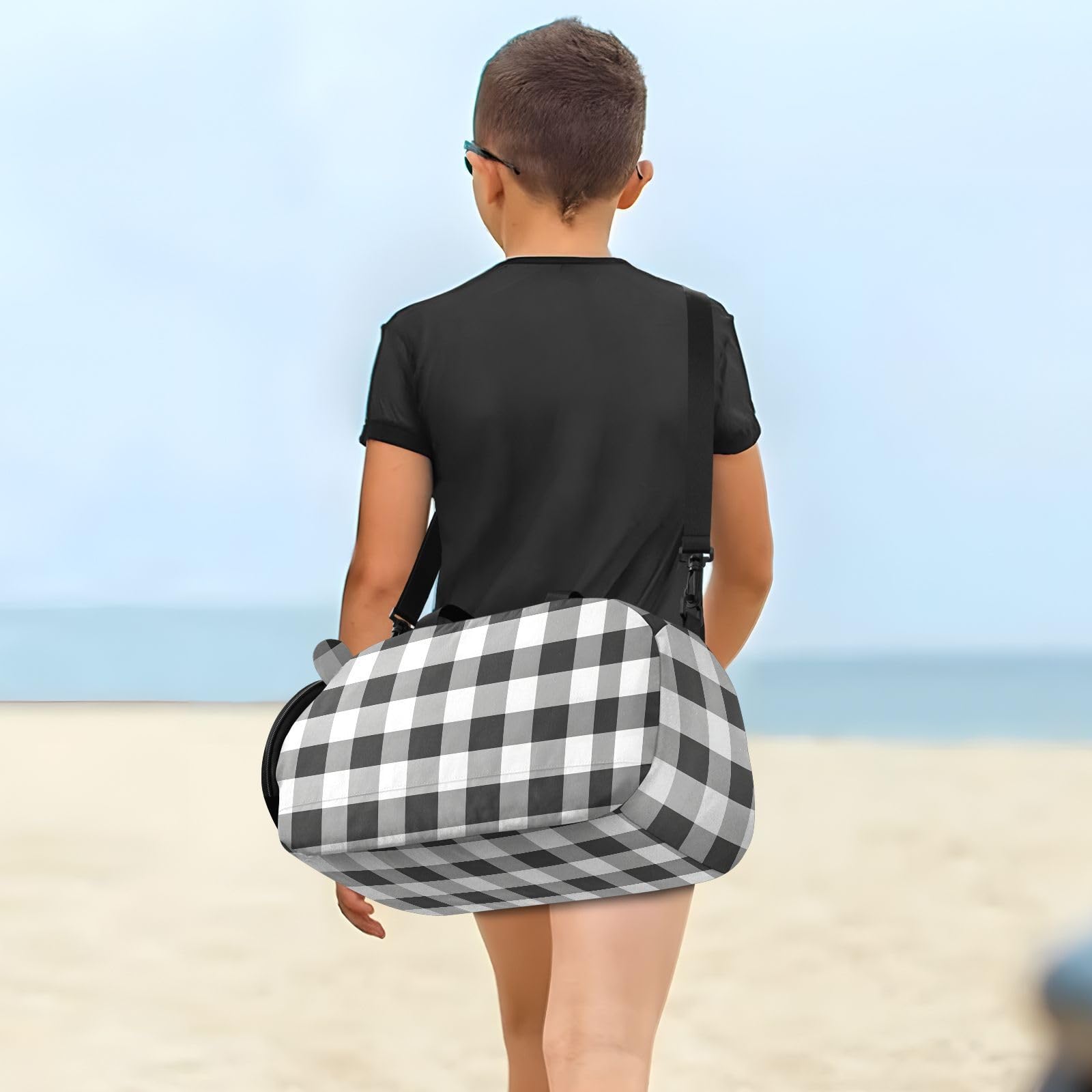 Quteprint Kids Sports Duffel Bag for Boys & Girls - Black White Buffalo Plaid 100% Polyester Gym Bag with Separate Shoe Compartment, Adjustable Shoulder Strap, Compact Travel & Workout Gear Bag