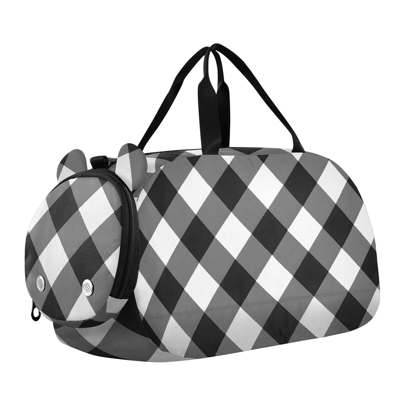 Quteprint Kids Sports Duffel Bag for Boys & Girls - Black White Plaid Buffalo 100% Polyester Gym Bag with Separate Shoe Compartment, Adjustable Shoulder Strap, Compact Travel & Workout Gear Bag