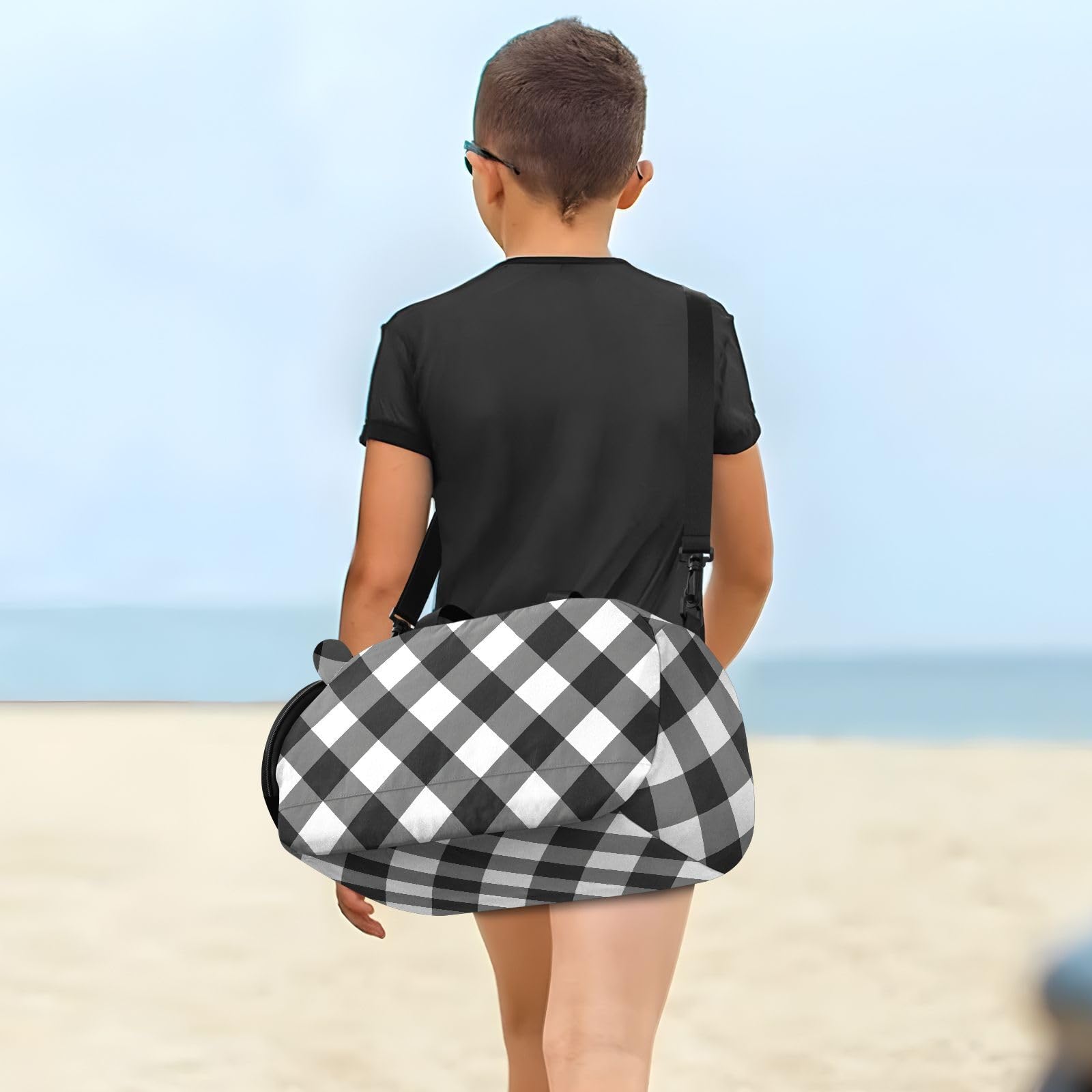 Quteprint Kids Sports Duffel Bag for Boys & Girls - Black White Plaid Buffalo 100% Polyester Gym Bag with Separate Shoe Compartment, Adjustable Shoulder Strap, Compact Travel & Workout Gear Bag