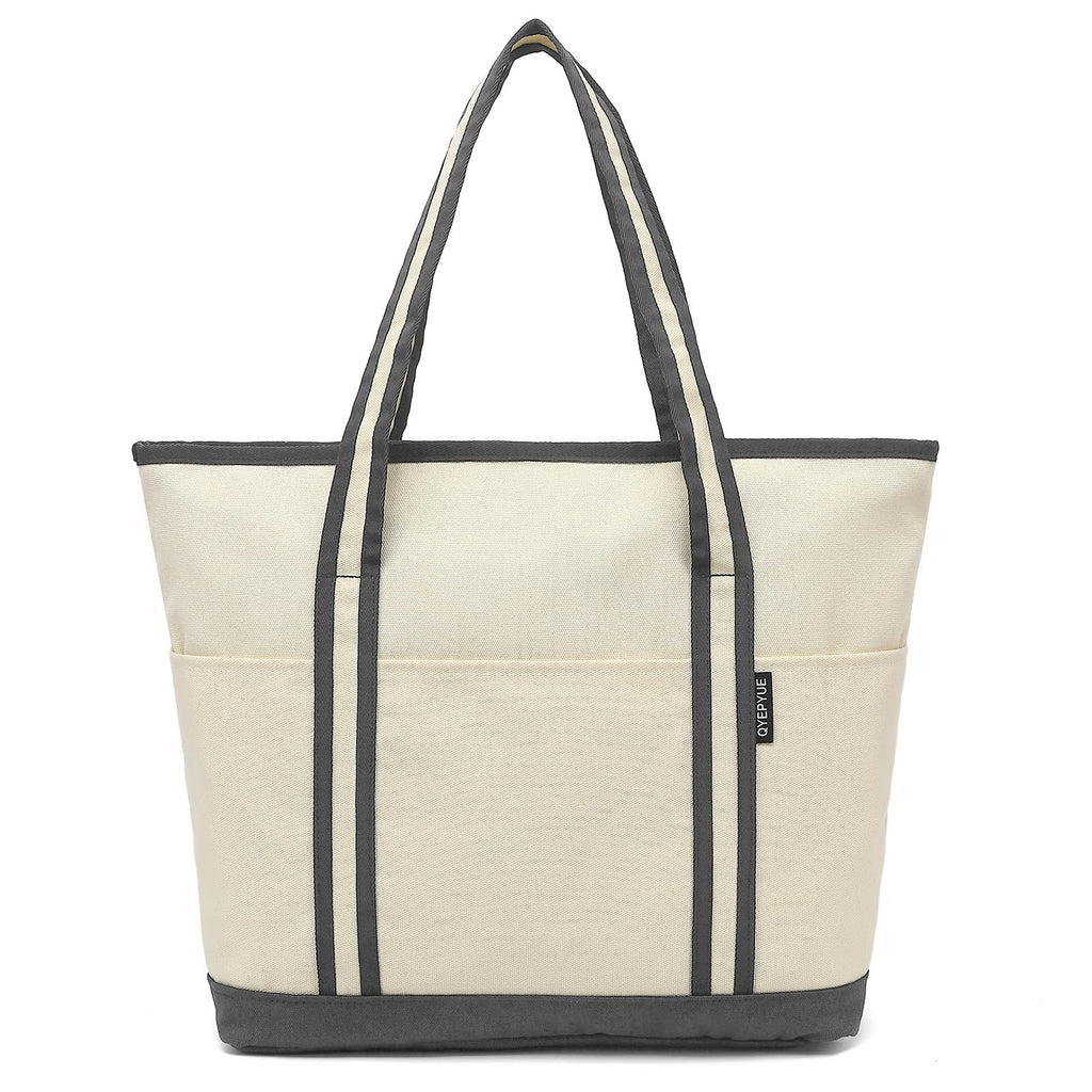 QYEPYUE Large Canvas Tote Bag for Women, Beach Bag with Zipper, Utility Tote Bag with 3 Front Pockets, Weekender Pool Bag