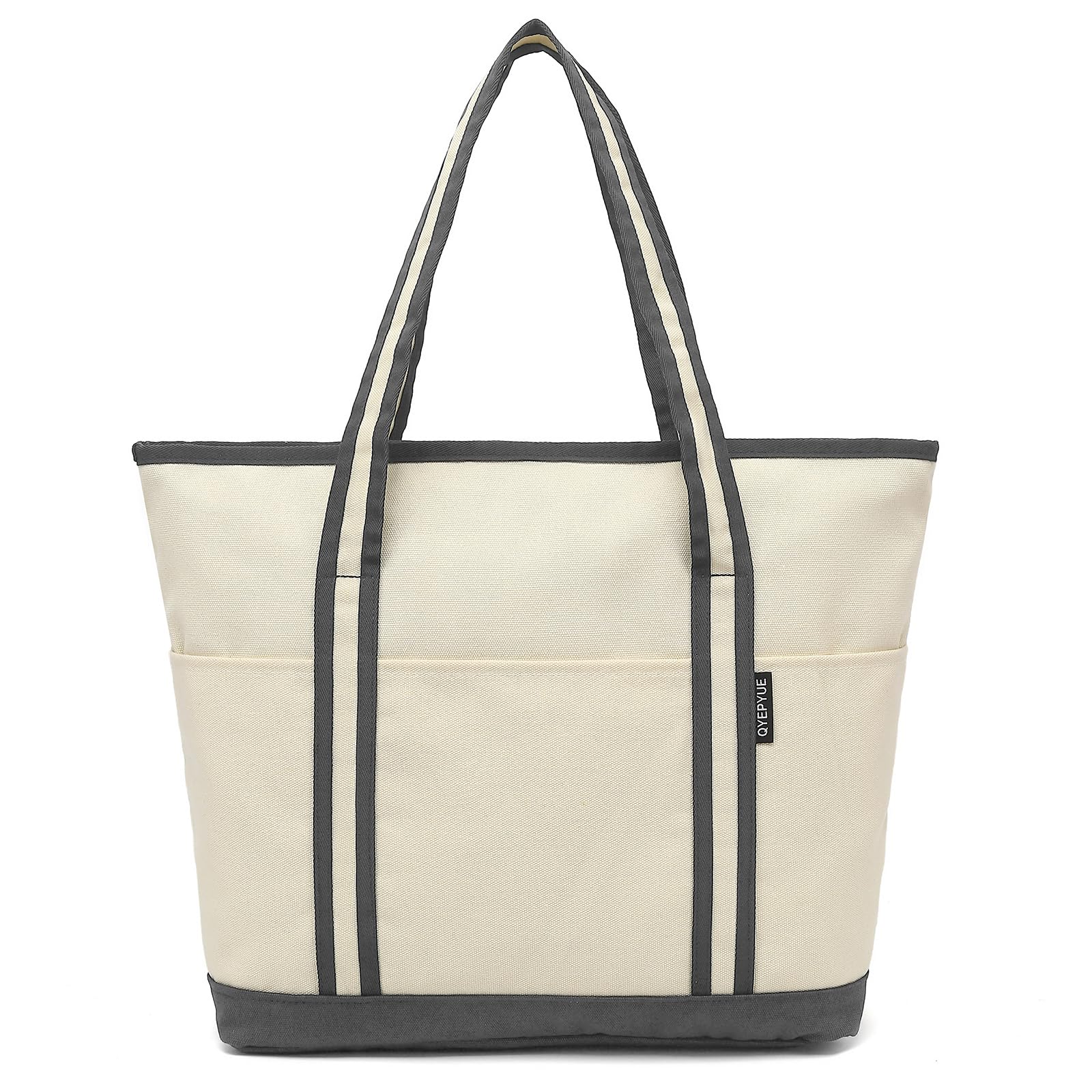 QYEPYUE Large Canvas Tote Bag for Women, Beach Bag with Zipper, Utility Tote Bag with 3 Front Pockets, Weekender Pool Bag