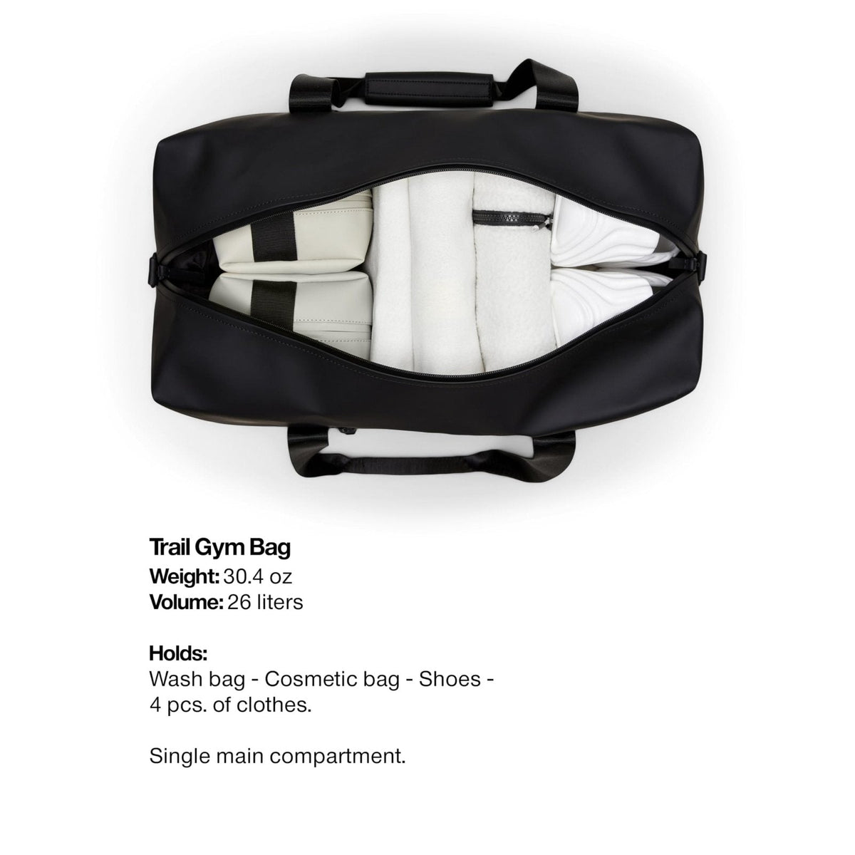 RAINS Trail Gym Bag - Black Waterproof Sports Duffel Bag for Men and Women with Shoulder Strap, Carry Handles and Mesh Pocket for Training or Travel - 2 Year Warranty