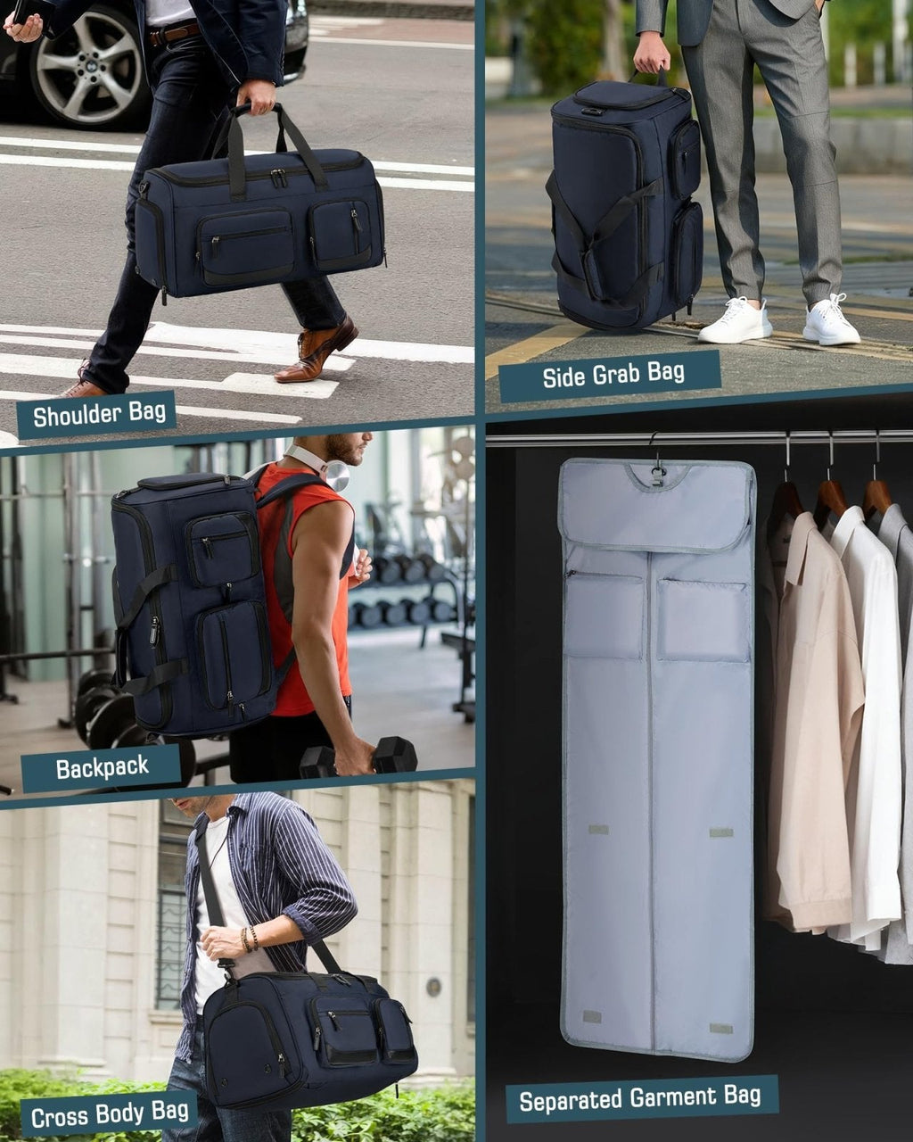 RAINSMORE 3 in 1 Garment Bags for Travel, 45L Convertible Garment Duffle bag for Hanging Clothes, Suit Travel Bag for Business Trips with Shoulder Strap, Carry On Suit Luggage for Men Women,Blue