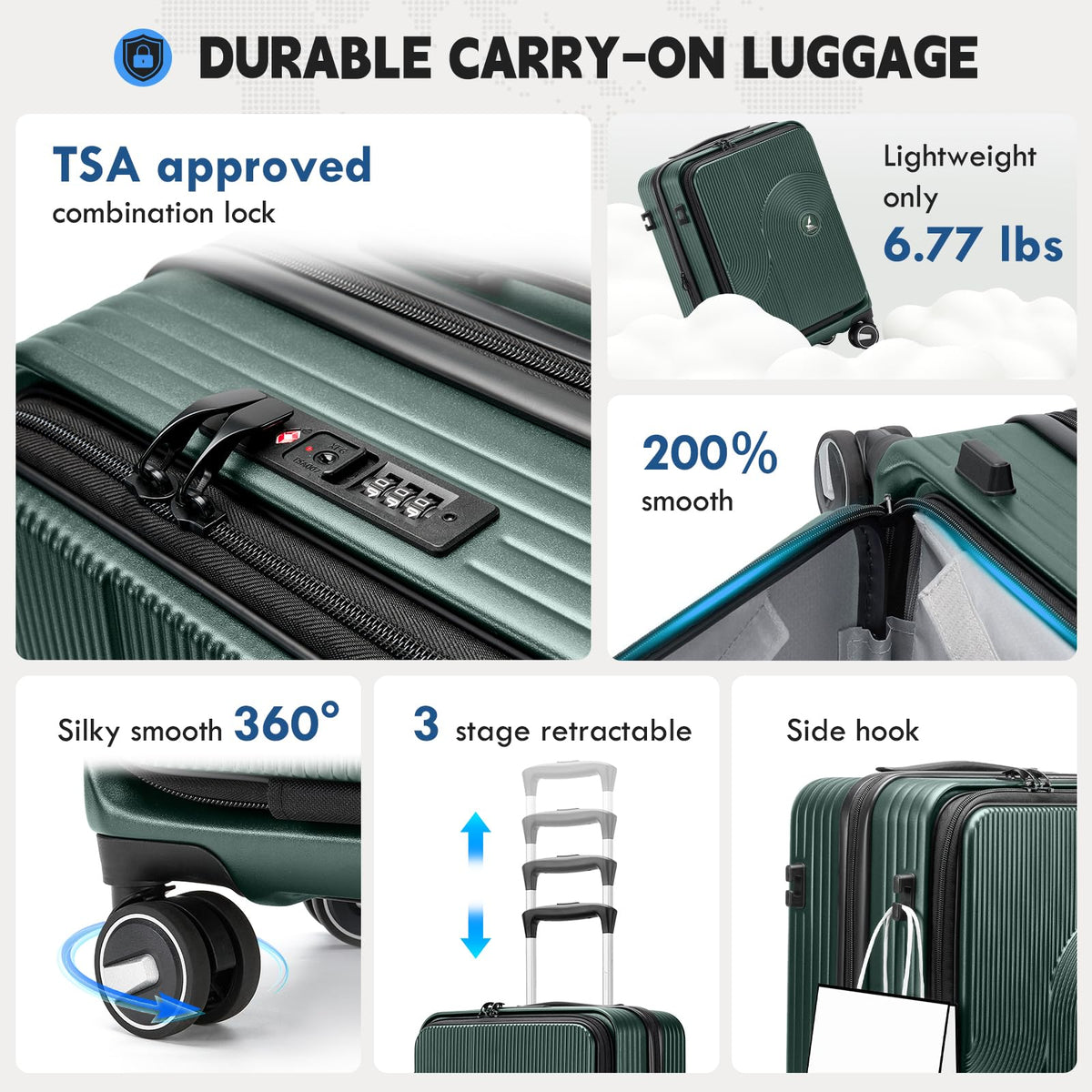 RAINSMORE Carry on Luggage 20 Inch Expandable, Airline Approved Carry on Suitcase Top Opening Hard Shell Rolling Travel Luggage with TSA Lock & Spinner Wheels, Green