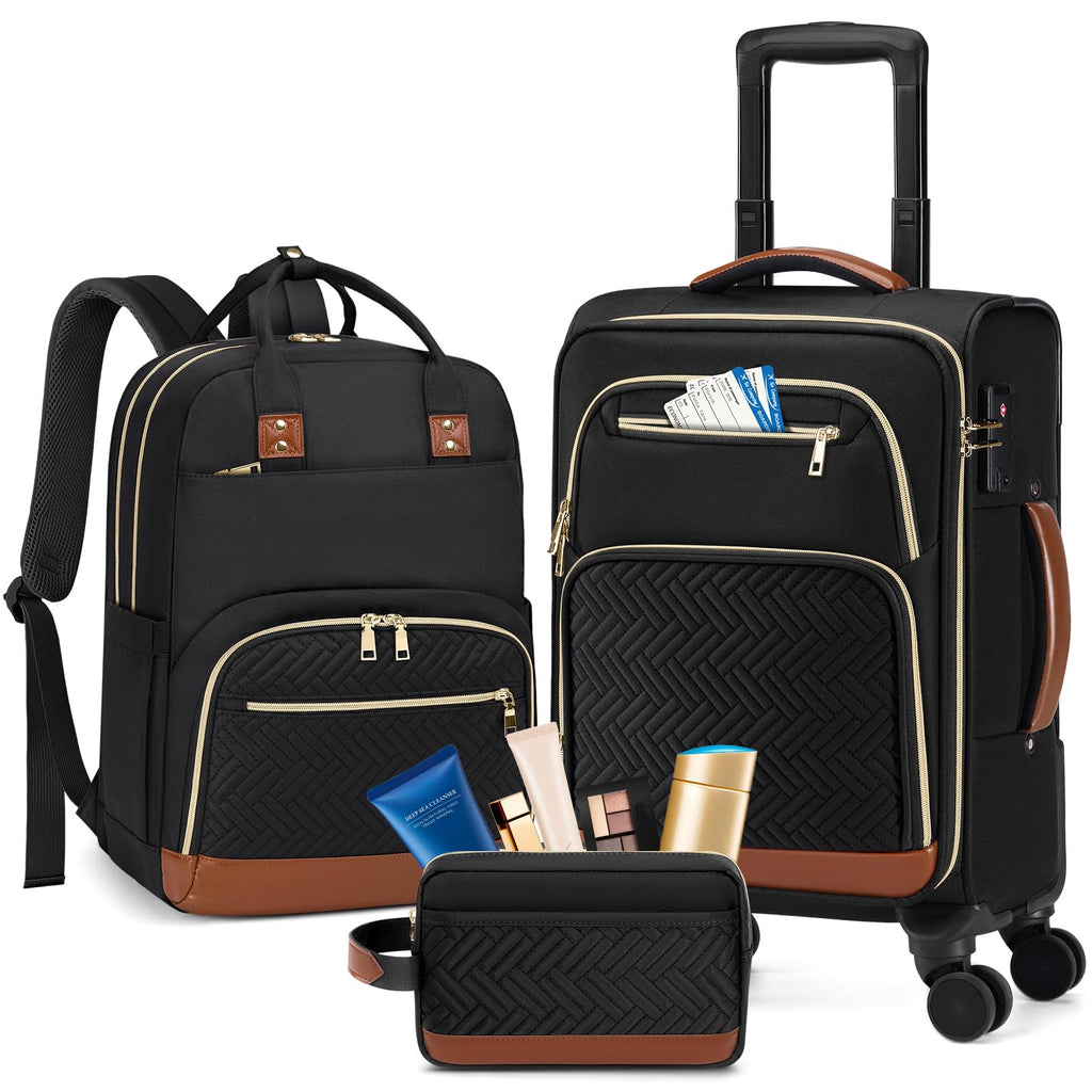 RAINSMORE Carry On Luggage 22x14x9 Airline Approved, 20 Inch Softside Suitcases with Wheels, 3 Piece Luggage Sets, Rolling Carry On Suitcase with TSA Lock for Travel Weekender