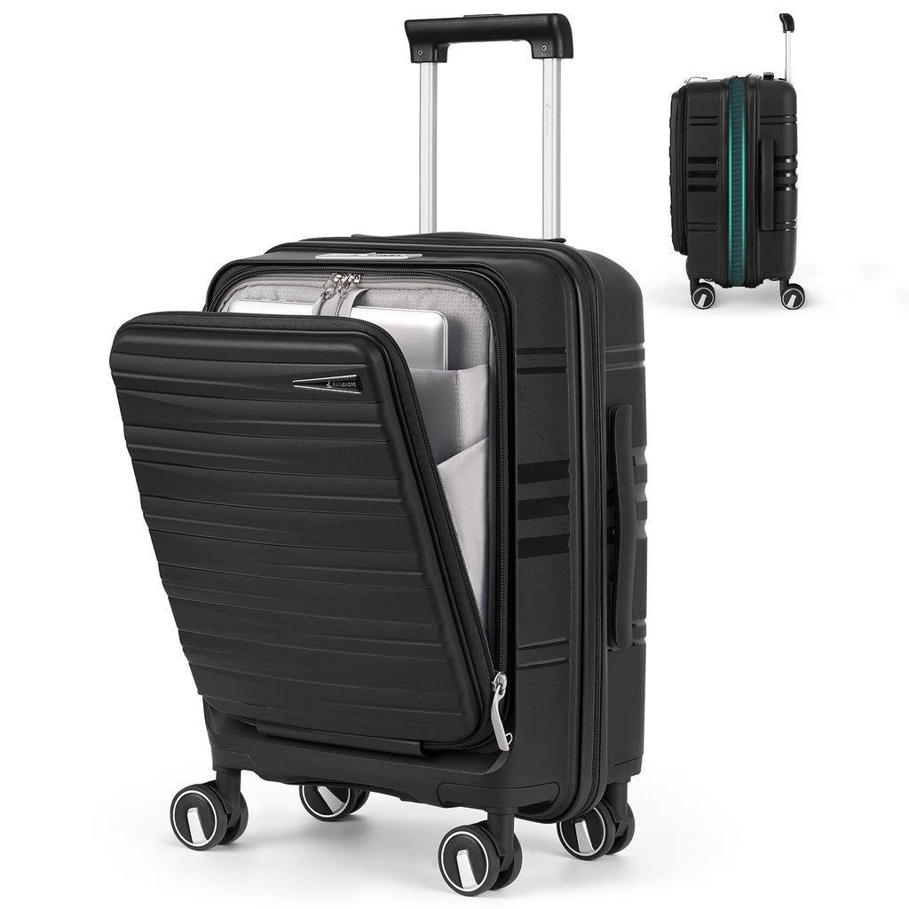 RAINSMORE Expandable Carry on Luggage 20 Inch, Airline Approved Carry on Suitcase with Front Pocket&Laptop Compartment, Hardshell Rolling Travel Luggage with Spinner Wheels,Black