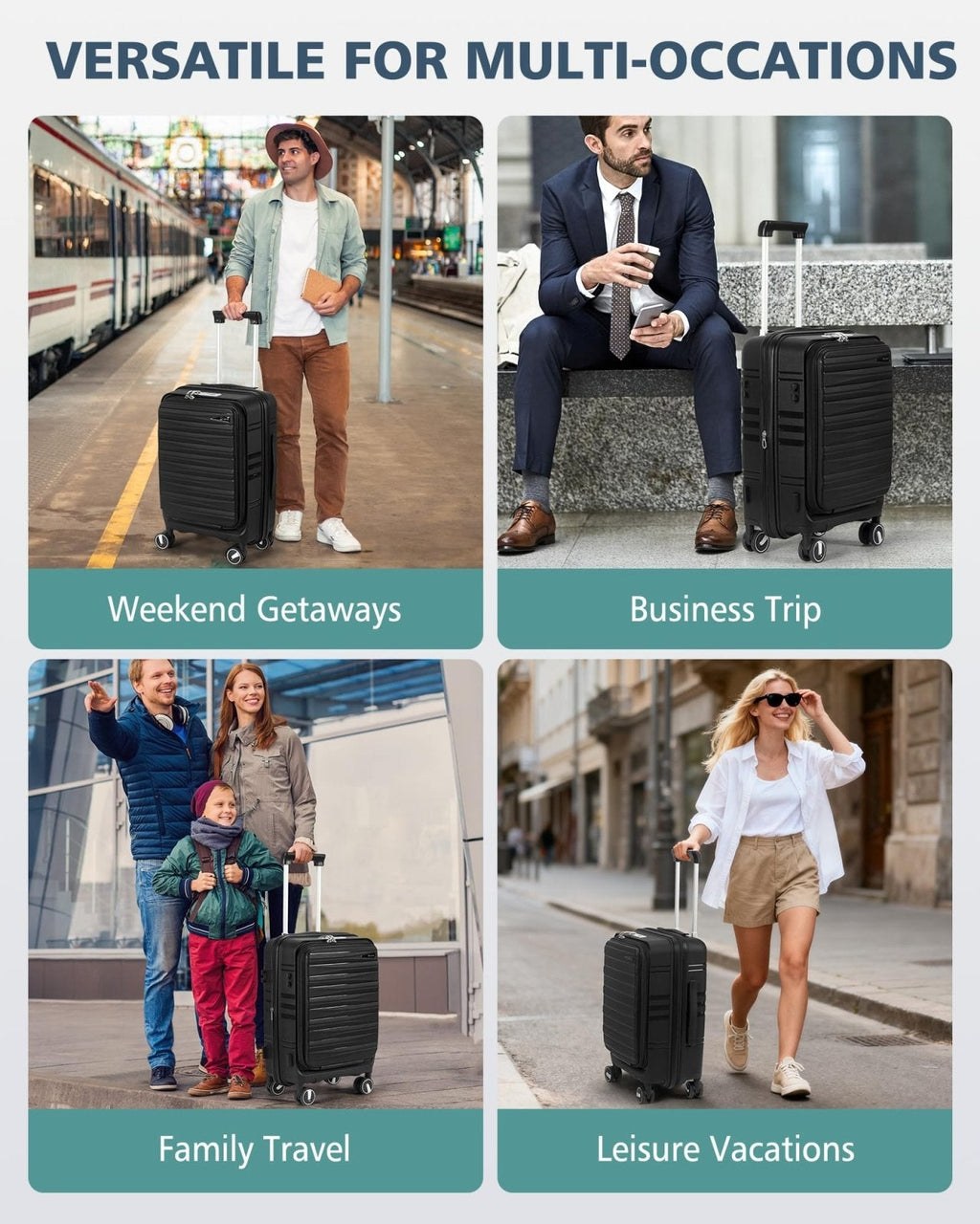 RAINSMORE Expandable Carry on Luggage 20 Inch, Airline Approved Carry on Suitcase with Front Pocket&Laptop Compartment, Hardshell Rolling Travel Luggage with Spinner Wheels,Black