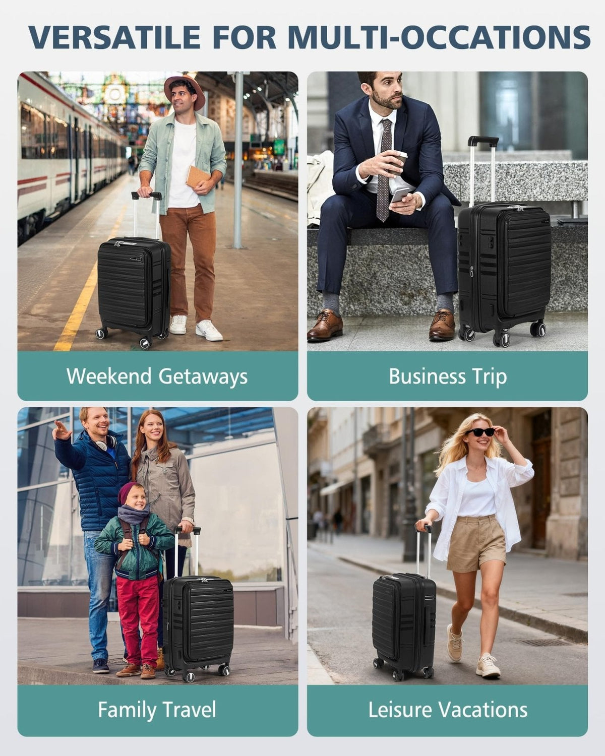 RAINSMORE Expandable Carry on Luggage 20 Inch, Airline Approved Carry on Suitcase with Front Pocket&Laptop Compartment, Hardshell Rolling Travel Luggage with Spinner Wheels,Black