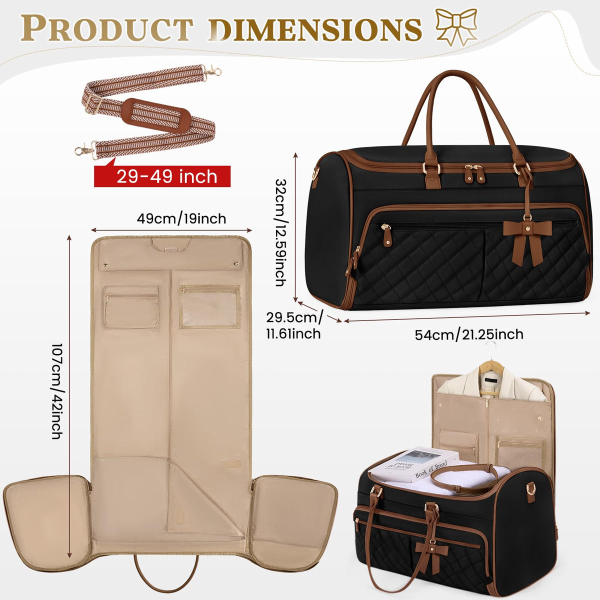 RAINSMORE Garment Bags for Travel Women Convertible Garment Duffle Bag for Hanging Clothes, Large Carry On Garment Bag with Shoe Bag & Wet Pocket, Foldable Dress Suit Business Travel Weekender Bags