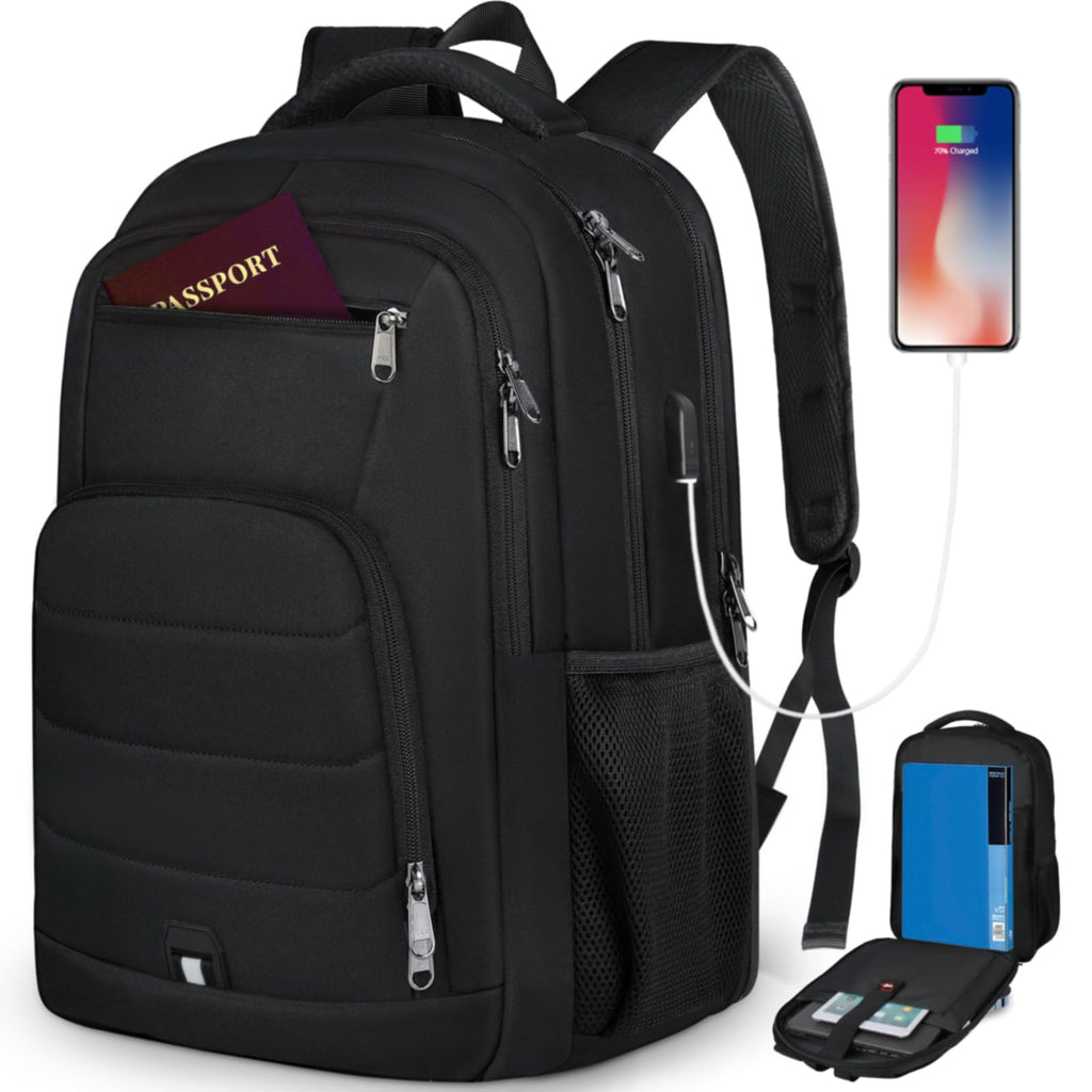 RAINSMORE Laptop Backpack 17 Inch Large Travel Backpack for Men Women Waterproof Computer Work Business College Bookbag TSA Friendly Carry on Backpack with USB Port, Black