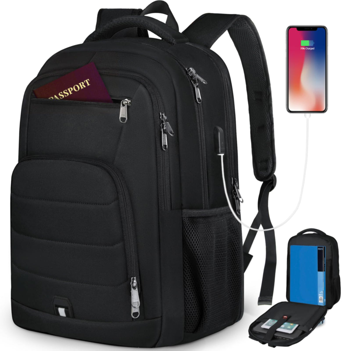 RAINSMORE Laptop Backpack 17 Inch Large Travel Backpack for Men Women Waterproof Computer Work Business College Bookbag TSA Friendly Carry on Backpack with USB Port, Black