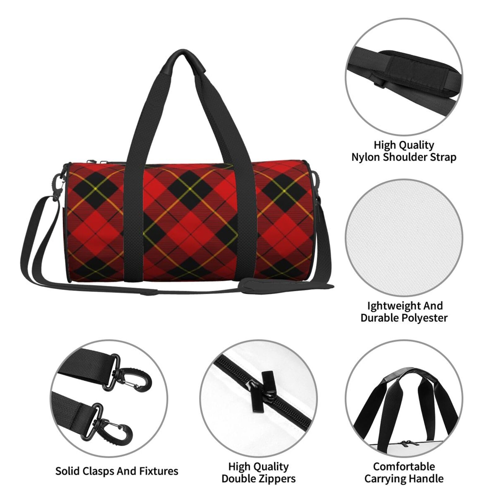 Red Black Plaid Speck Foldable Travel Duffel Bag Large Packable Travel Bag for Men Women