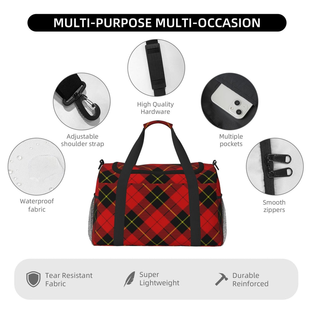 Red Black Plaid Speck Travel Duffle Bag, Lightweight Hospital Bag for Women, Large Sport Gym Bag for Men