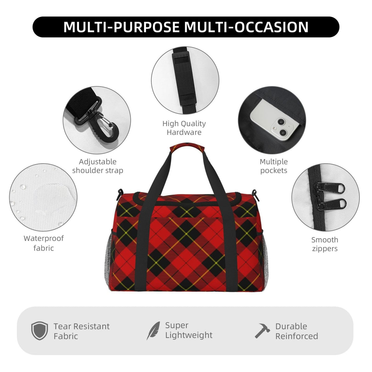 Red Black Plaid Speck Travel Duffle Bag, Lightweight Hospital Bag for Women, Large Sport Gym Bag for Men