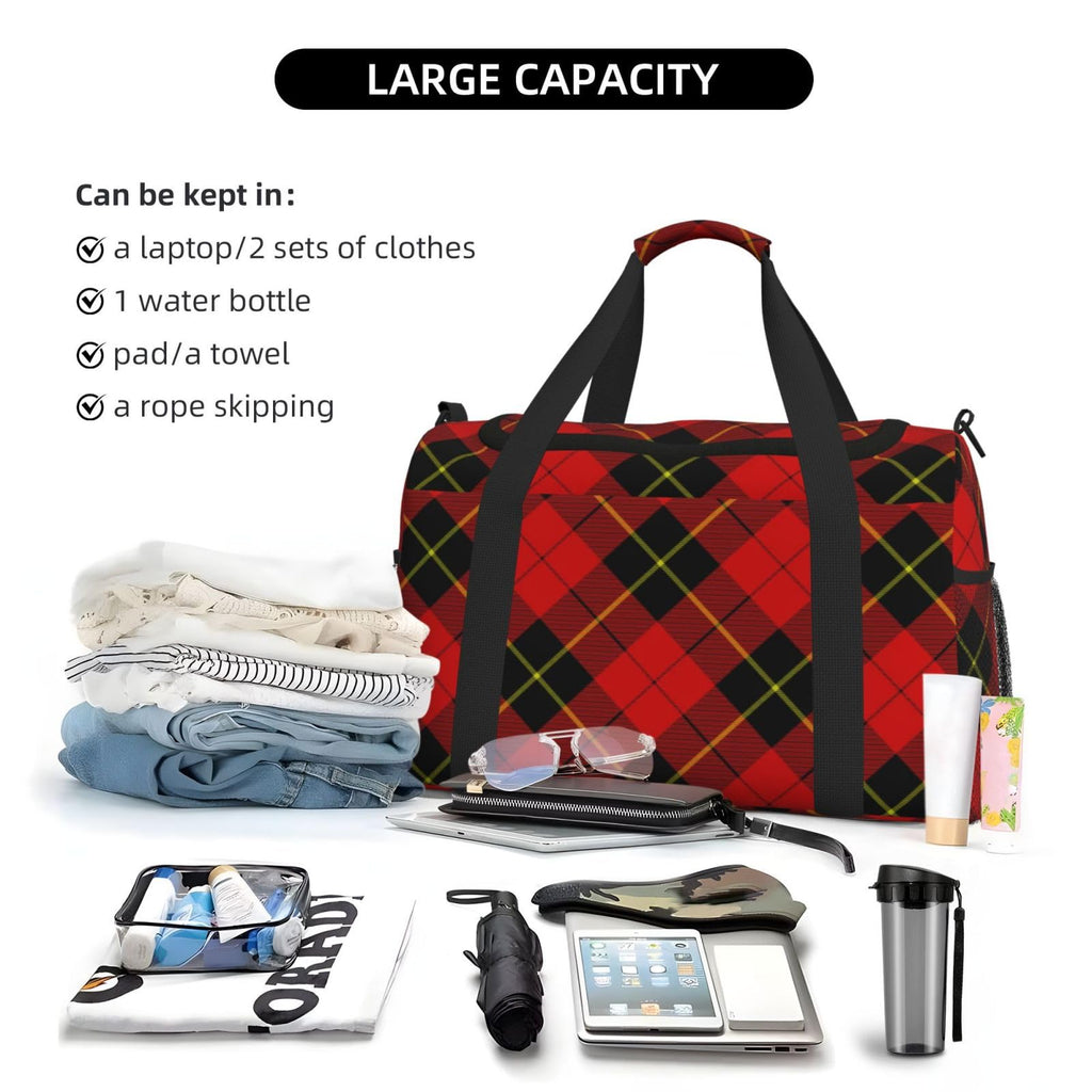 Red Black Plaid Speck Travel Duffle Bag, Lightweight Hospital Bag for Women, Large Sport Gym Bag for Men
