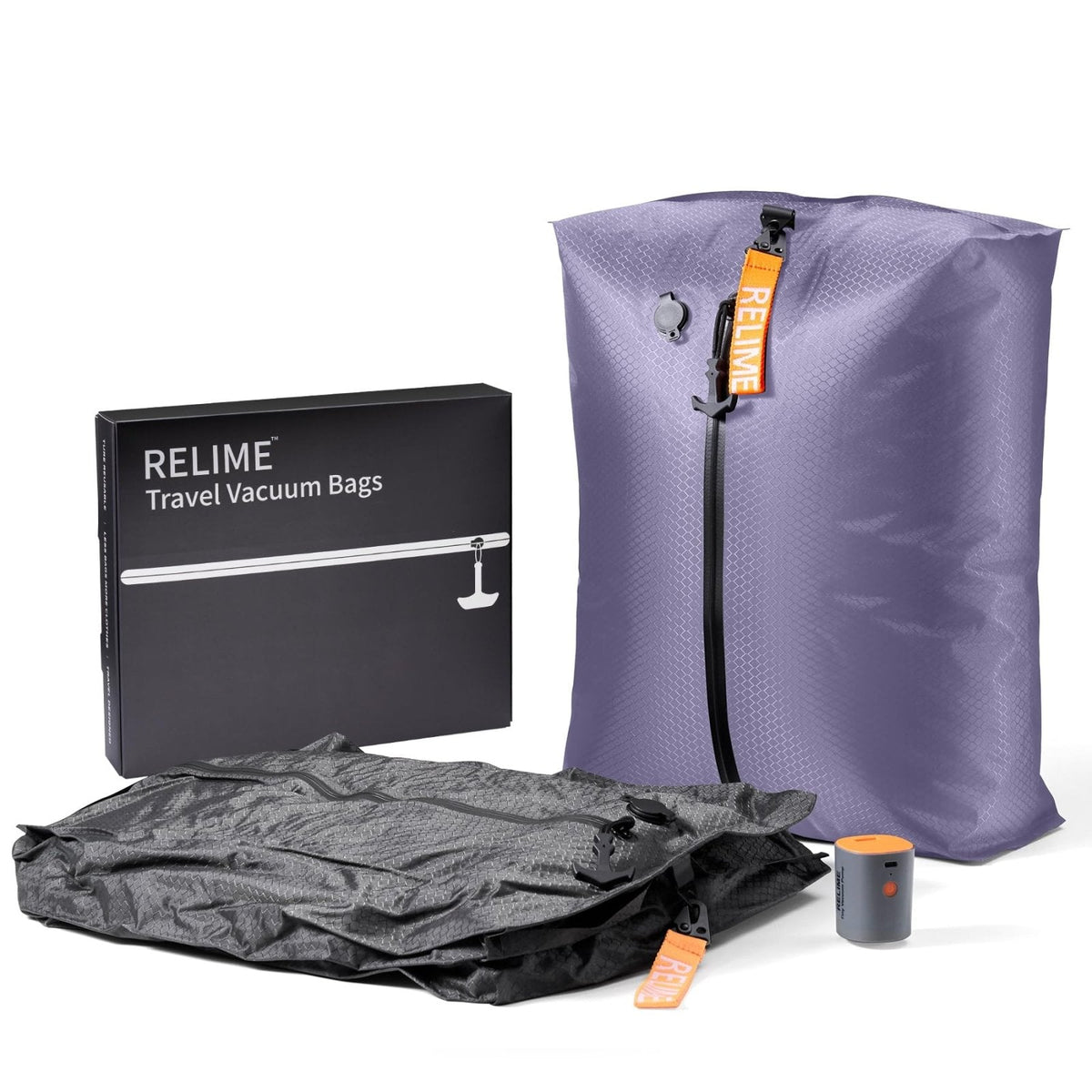 Relime Classic Series Vacuum Bags for Travel Luggage with Wireless Pump, Compression Bags for Carry On Suitcases and Backpack, Vacuum Seal Packing cube for Cloth Packing (2PC + PUMP Gray & Lavender)