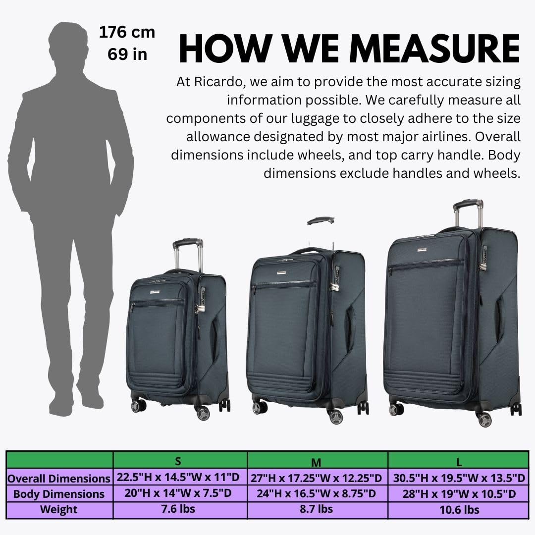Ricardo Beverly Hills Avalon Softside Medium Check - In Luggage Made with Sustainable 100% Recycled PET (rPET), Lightweight, Eco - Friendly Travel, Expandable, Dual Spinner Wheels, Storm Blue, 24 - inch