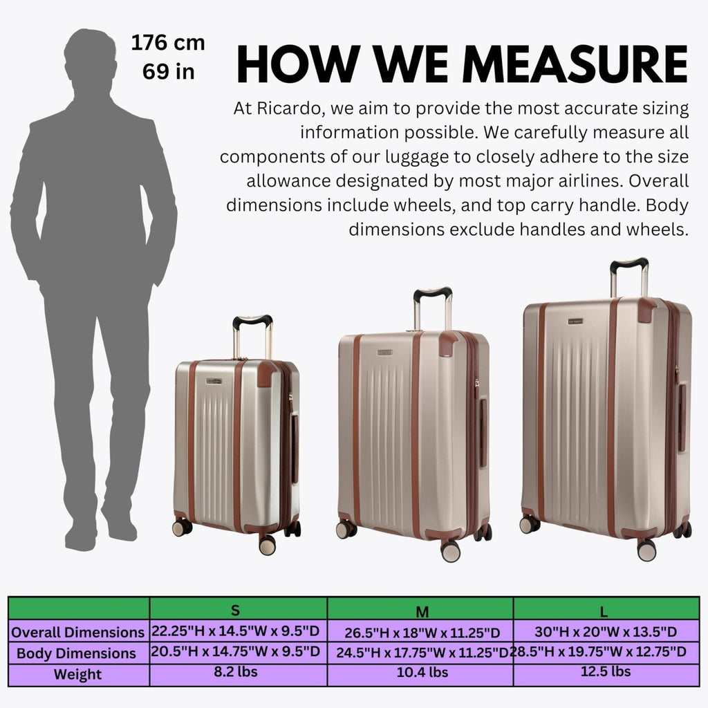Ricardo Beverly Hills Montecito 2.0 Hardside with Dual Spinning Wheels, Expandable with Comfort Grip for Easy Packing and Moving, Men and Women, Champagne, Check - In Large 29 - Inch
