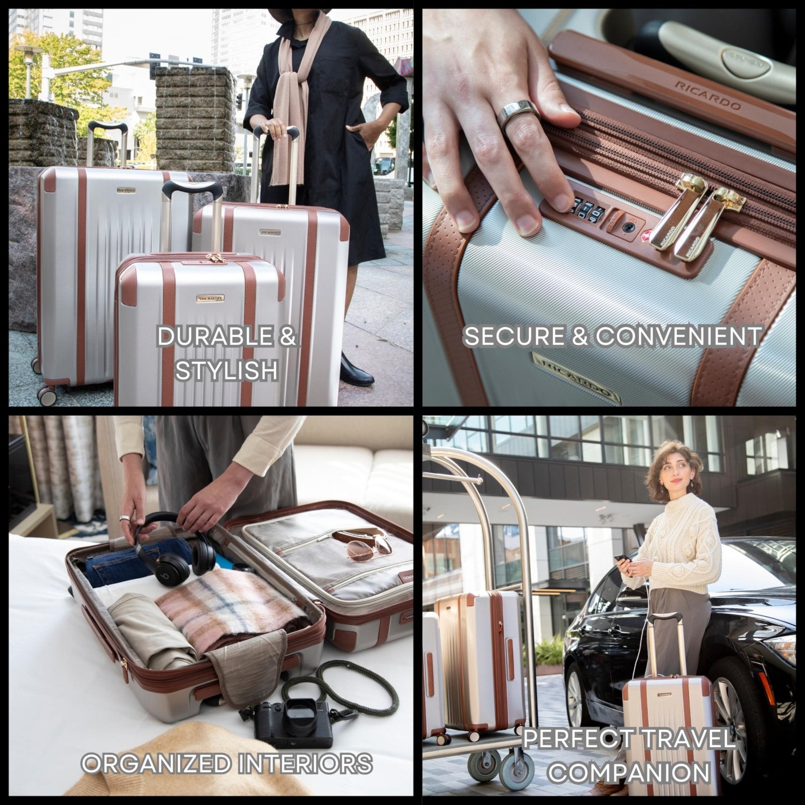 Ricardo Beverly Hills Montecito 2.0 Hardside with Dual Spinning Wheels, Expandable with Comfort Grip for Easy Packing and Moving, Men and Women, Champagne, Check - In Large 29 - Inch