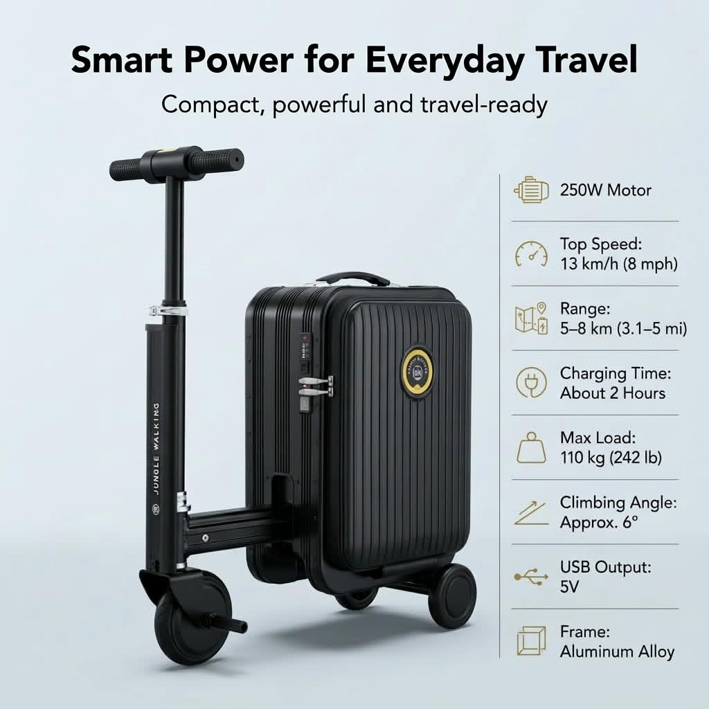 Rideable Suitcase for Adults & Kids, Electric Rideable Luggage 20" Carry On, 250W Electric Scooter Suitcase, 8 MPH, 5 Miles Range, Removable Battery, TSA Lock, USB Charging