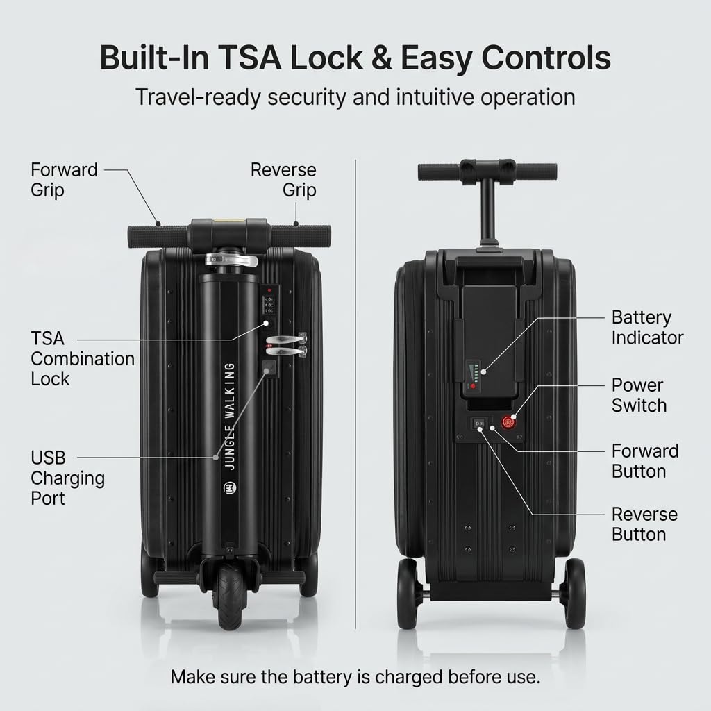 Rideable Suitcase for Adults & Kids, Electric Rideable Luggage 20" Carry On, 250W Electric Scooter Suitcase, 8 MPH, 5 Miles Range, Removable Battery, TSA Lock, USB Charging