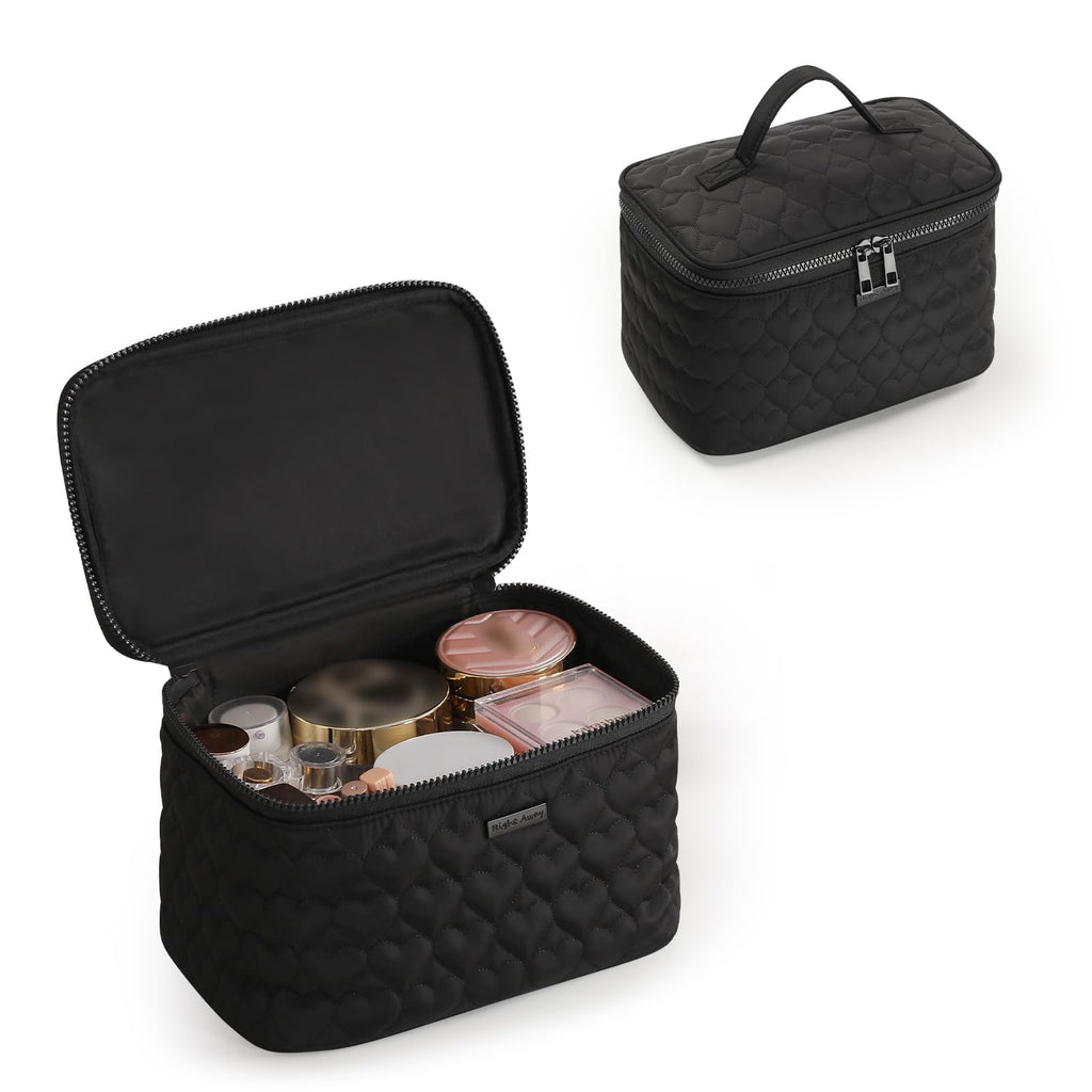 RIGHT AWAY Makeup Bag,Large Cosmetic Bags for Women Girls, Quilted Train Case Make Up Bag with Handle,Travel Makeup Case Organizer,Cute Toiletry Bag Vanity Bag (Black)