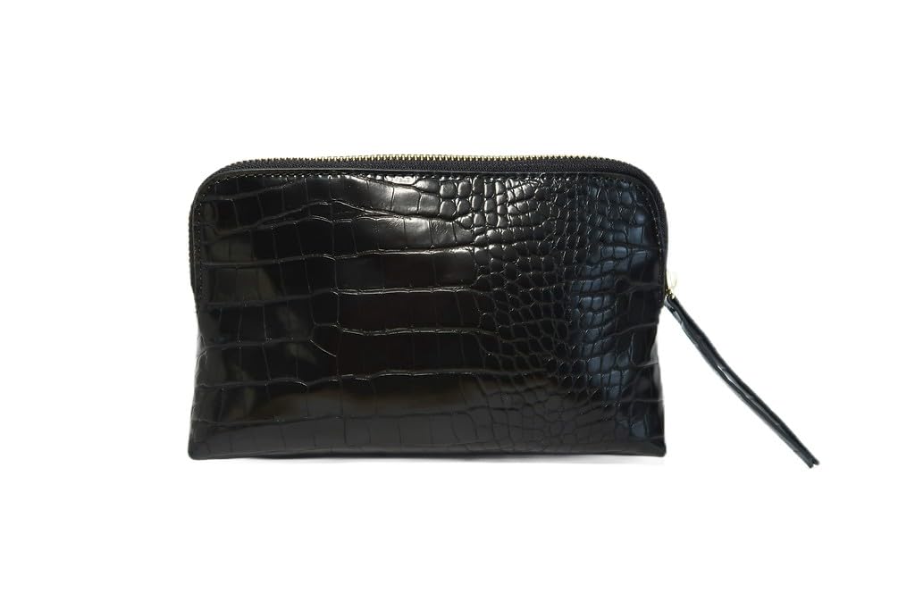 RITTZI Noir Onyx Crocodile Cosmetic Bag - Luxury Vegan Leather Makeup Bag, Black Crocodile Texture Organizer, Beauty Bag for Travel, Skincare & Makeup Storage