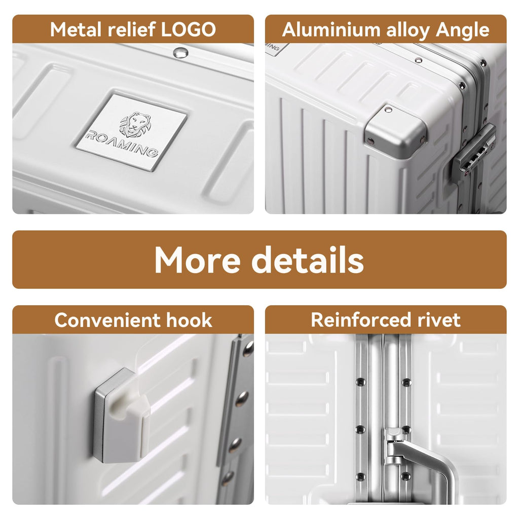 ROAMING Zipperless Luggage Airline Approved with Aluminum Frame, Lightweight PC Hardside Luggage with Spinner Wheels, Metal Travel Luggage with Double TSA Locks, Carry On 20 Inch, Shell white